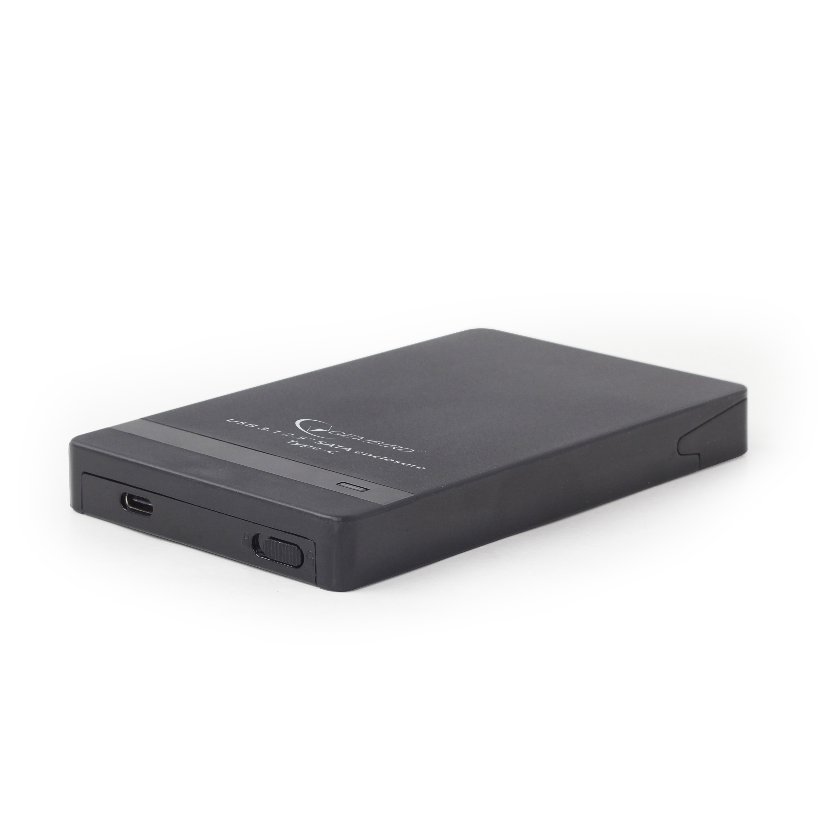 Zwart rechthoekig apparaat met tekst. USB 3.1 2.5 SATA-behuizing. Geïsoleerd op witte achtergrond.