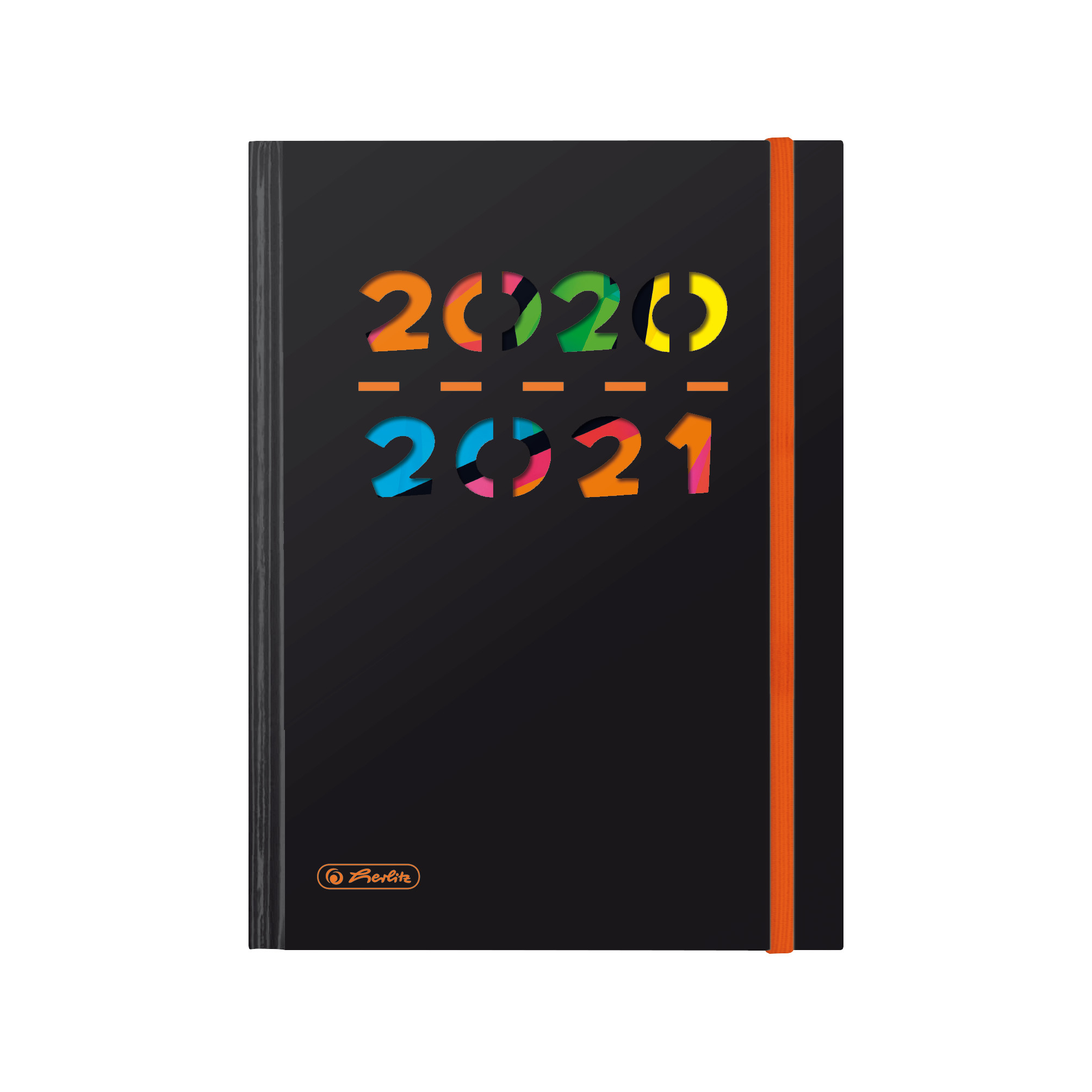 Czarny planer z kolorowymi wycięciami 2020 i 2021 na okładce i pomarańczową wstążką.