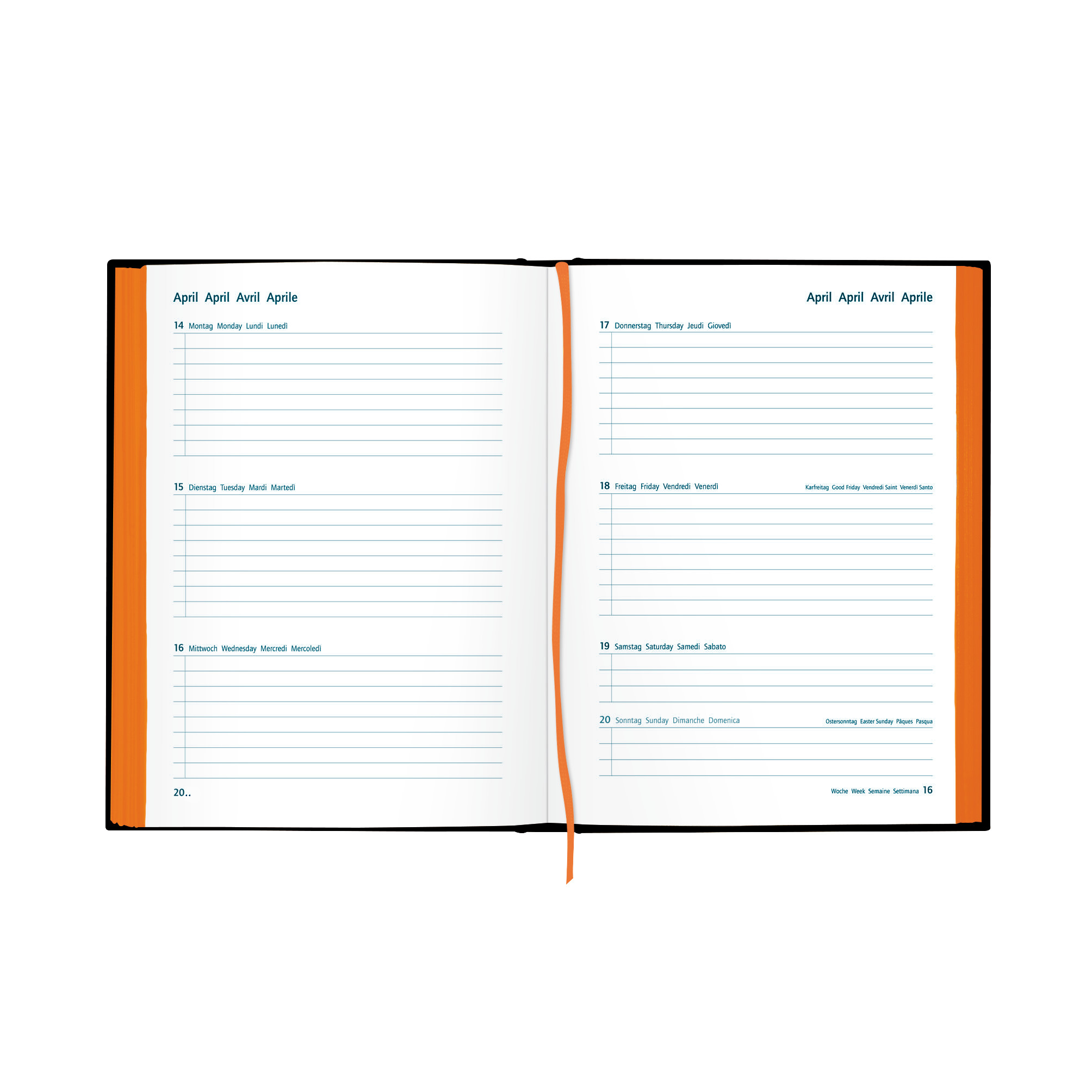 Otwarty planer wyświetlający układ tygodnia z datami i liniowanymi stronami, z pomarańczową zakładką.
