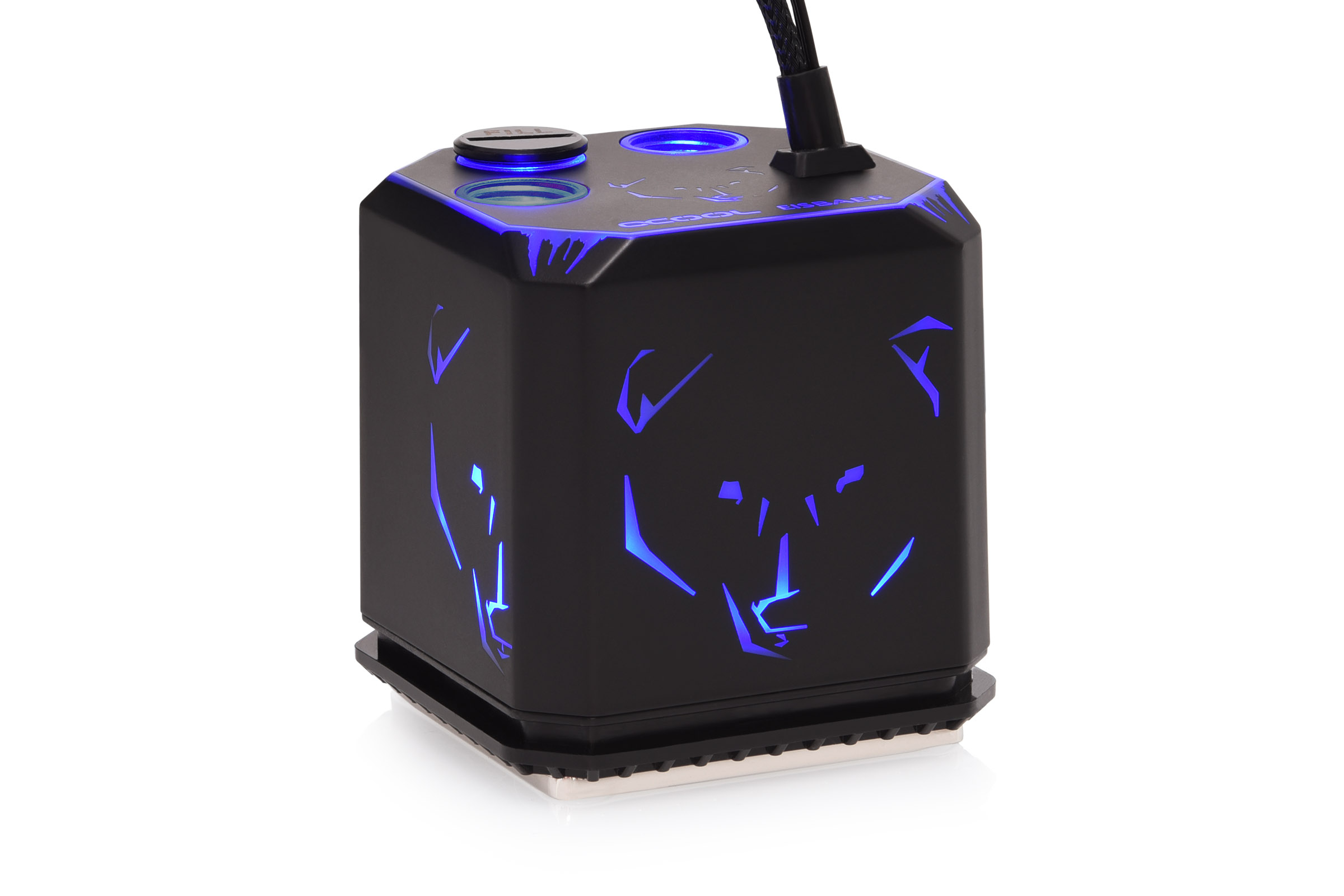 Un componente di raffreddamento per computer nero. Ha un logo di orso illuminato di blu e luci blu.