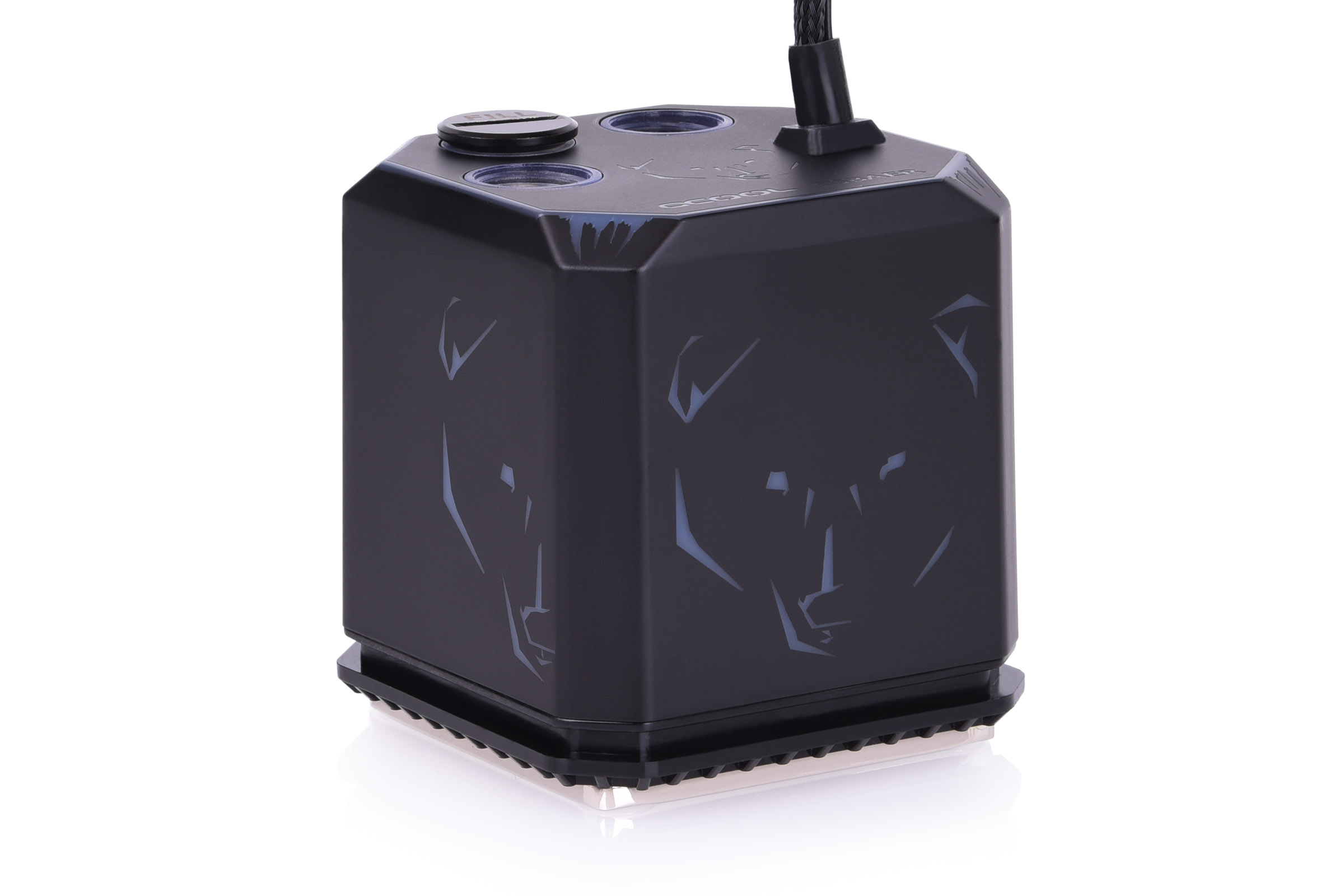 Dispositivo nero con design di orso, due fori. Sfondo bianco.