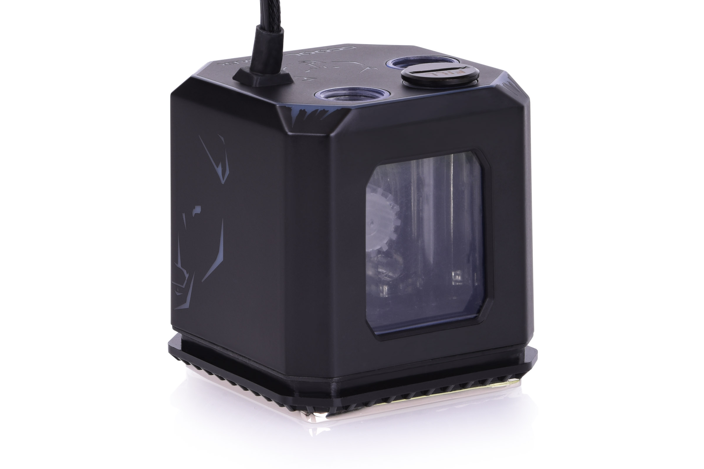 Dispositivo nero a forma di cubo, forse uno scanner o un lettore, con un lato trasparente.