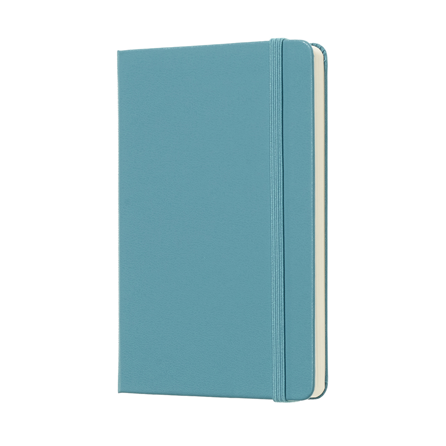Blaues Moleskine Notizbuch, geschlossen, auf weißem Hintergrund.