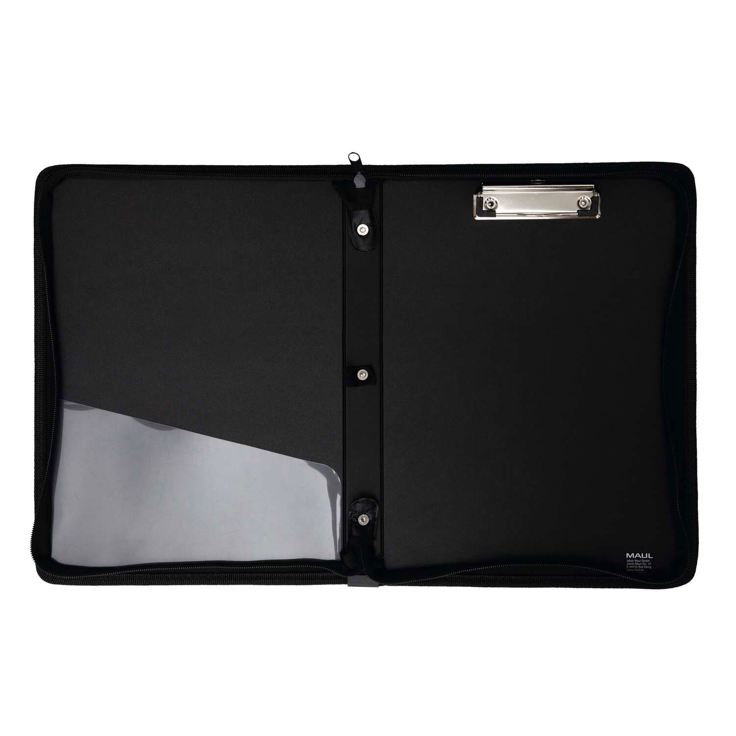 Czarny otwarty folder z klipsem, przezroczystą kieszenią i guzikami na białym tle.