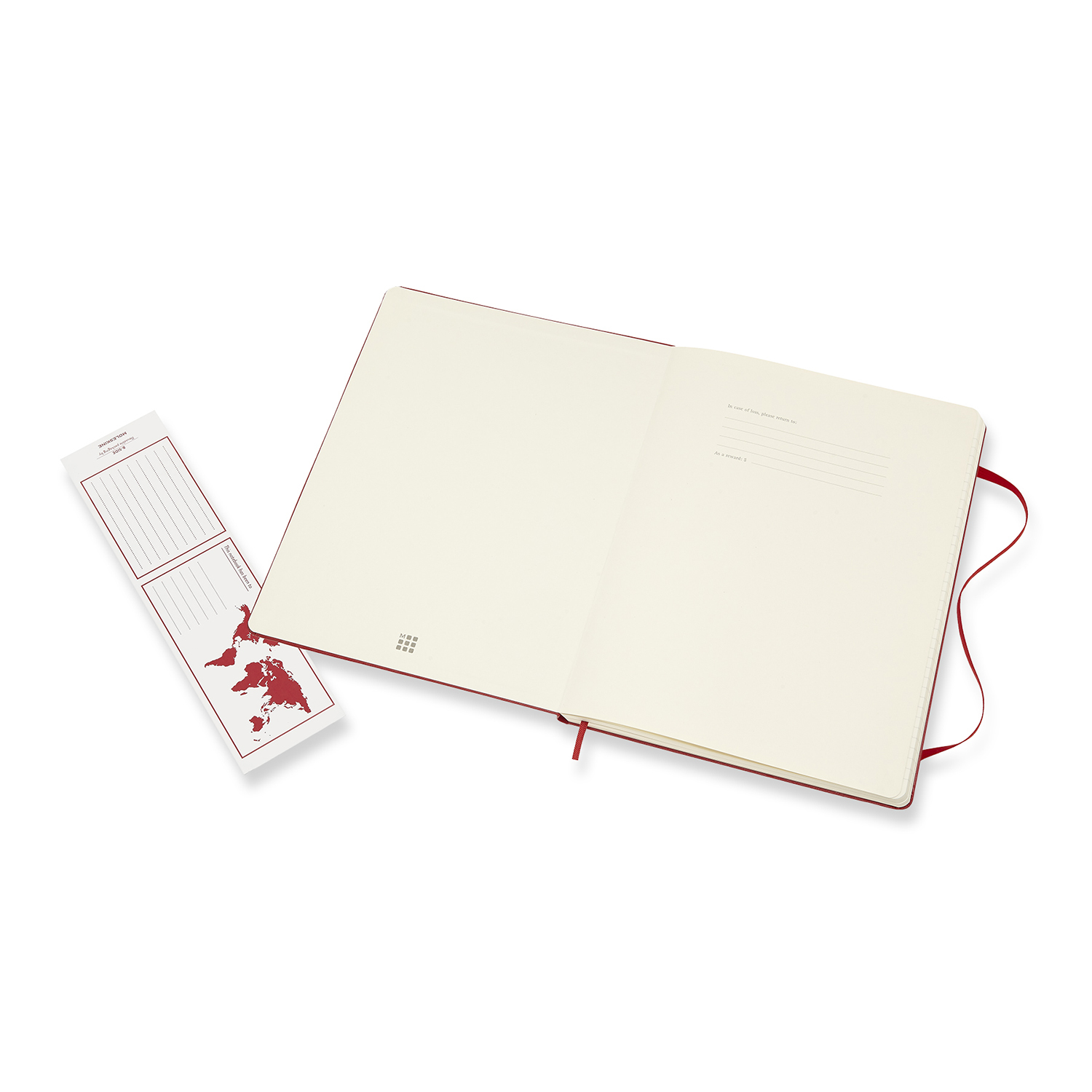 Otwarty czerwony notatnik Moleskine z zakładką i małą kartą.