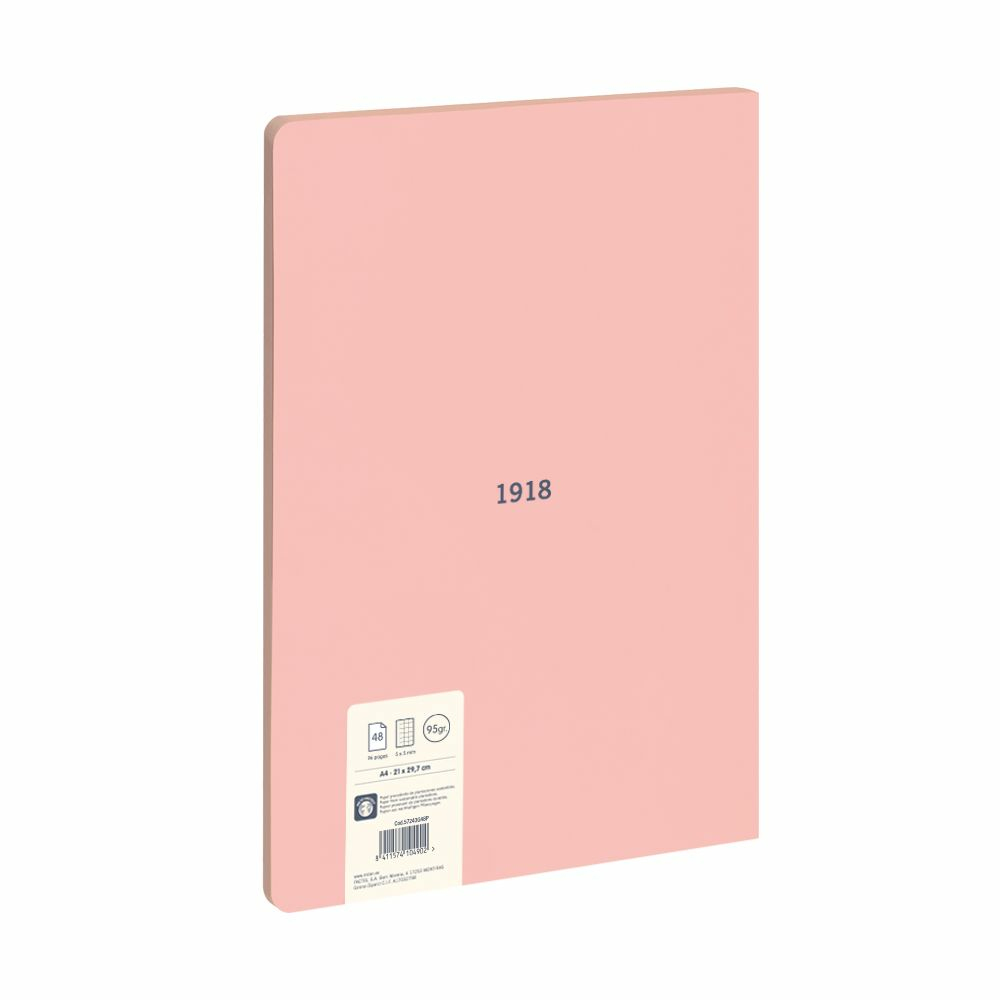Rosa Notizbuch mit der Zahl '1918' und einigen Informationen unten.