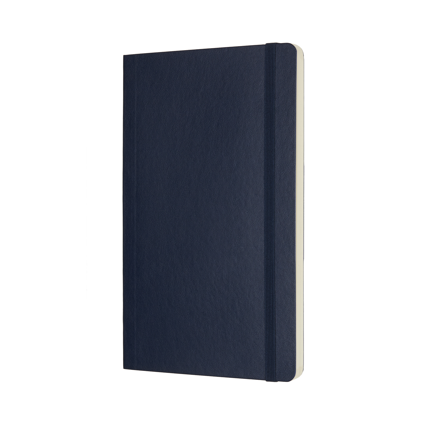 Granatowy notatnik Moleskine, zamknięty, z gumką, na białej powierzchni.