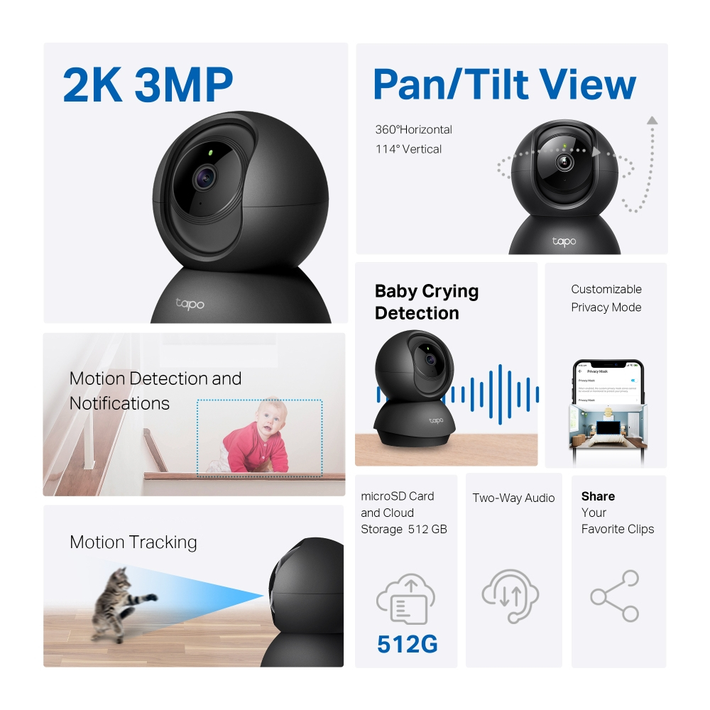 A black security camera with multiple views and features, including motion detection and cloud storage.