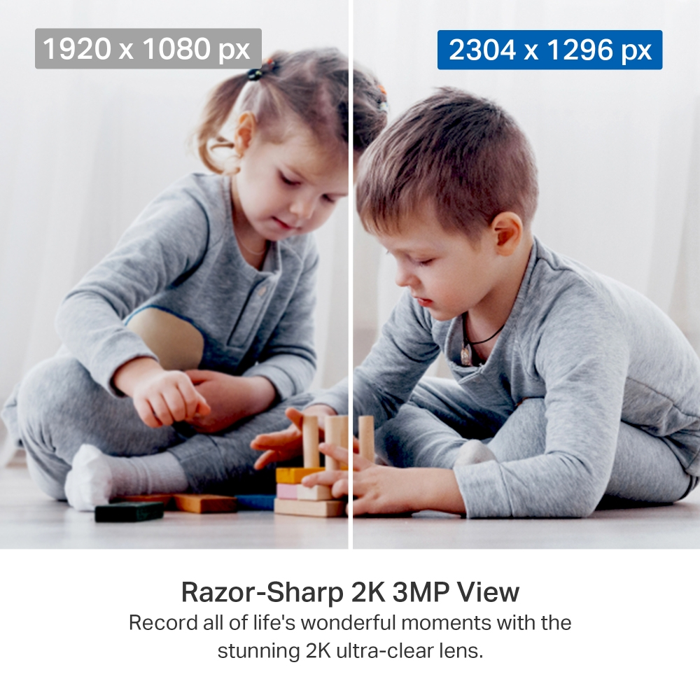 Two children playing with wooden blocks. Image split into two. Text about video quality.