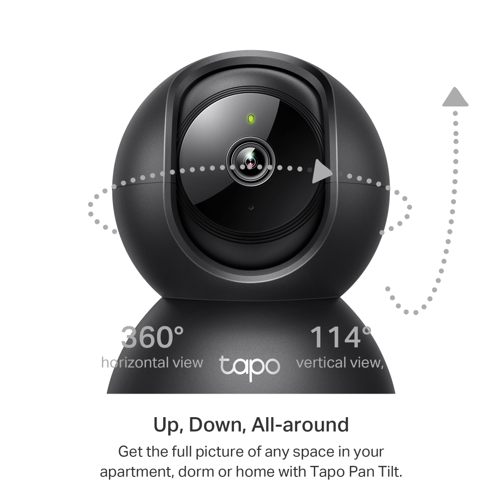 Black security camera with 360-degree horizontal view and 114-degree vertical view.