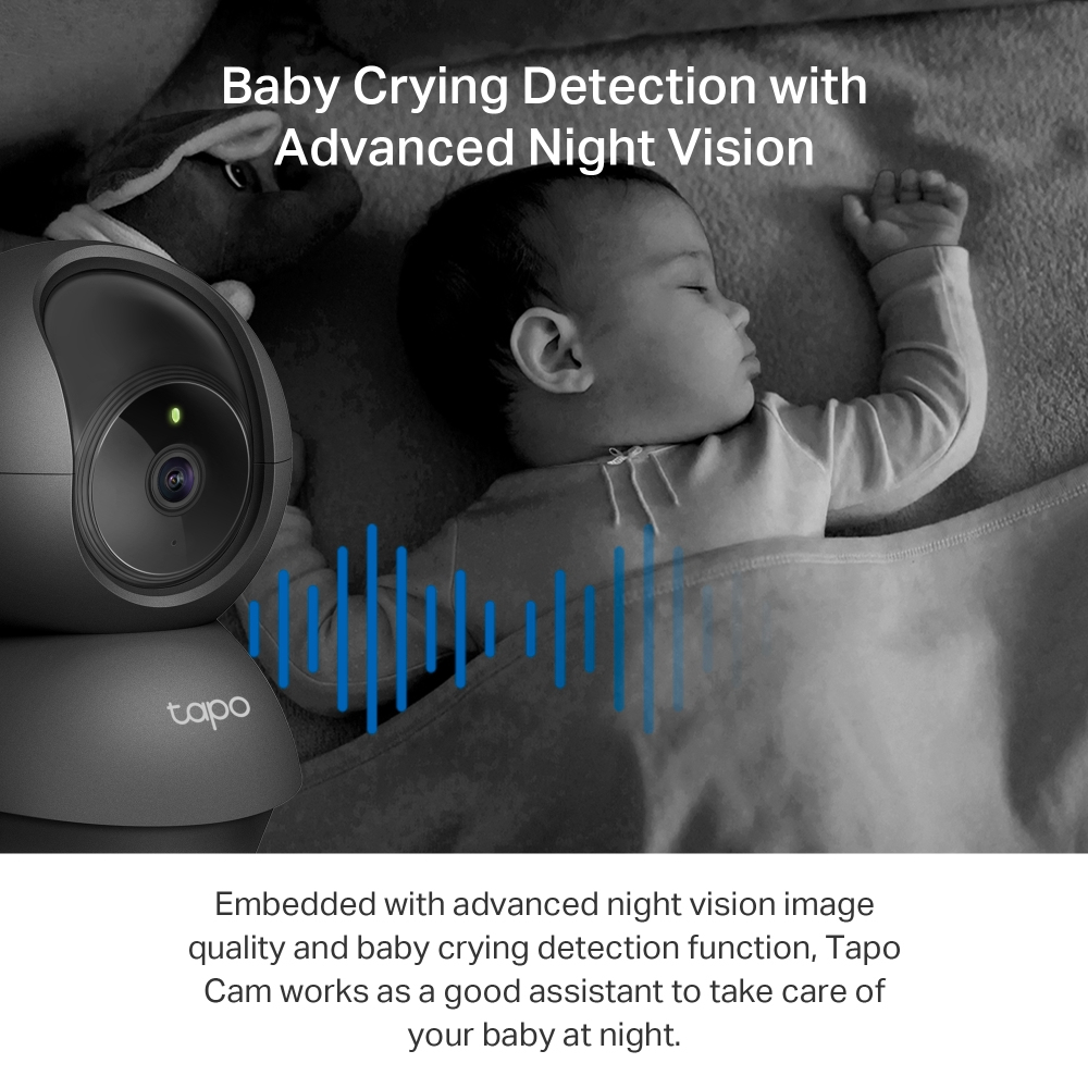 Baby sleeping in crib, with a camera and soundwave graphic. Night vision text below.