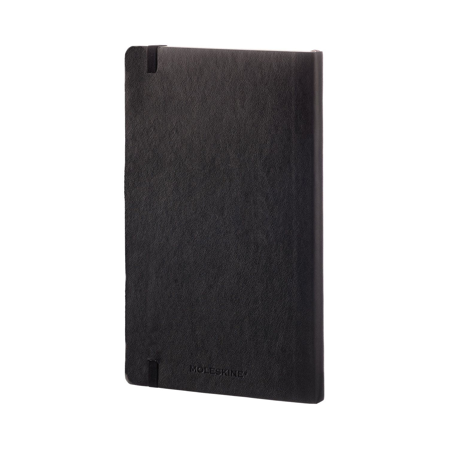 Czarny notatnik Moleskine. Okładka jest teksturowana, z gumką.