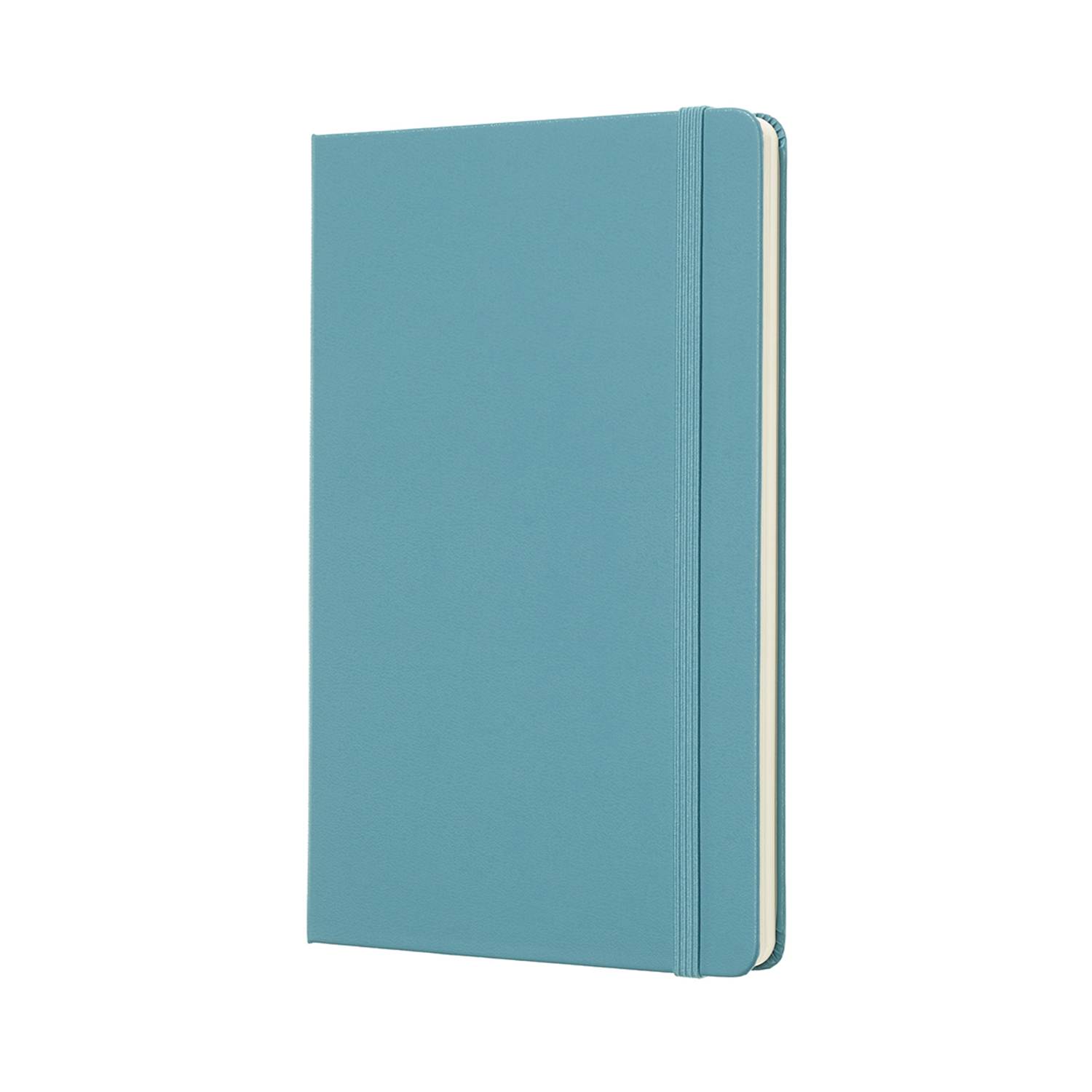 Ein geschlossenes, türkisfarbenes Moleskine-Notizbuch, leicht angewinkelt, mit Papierkanten.