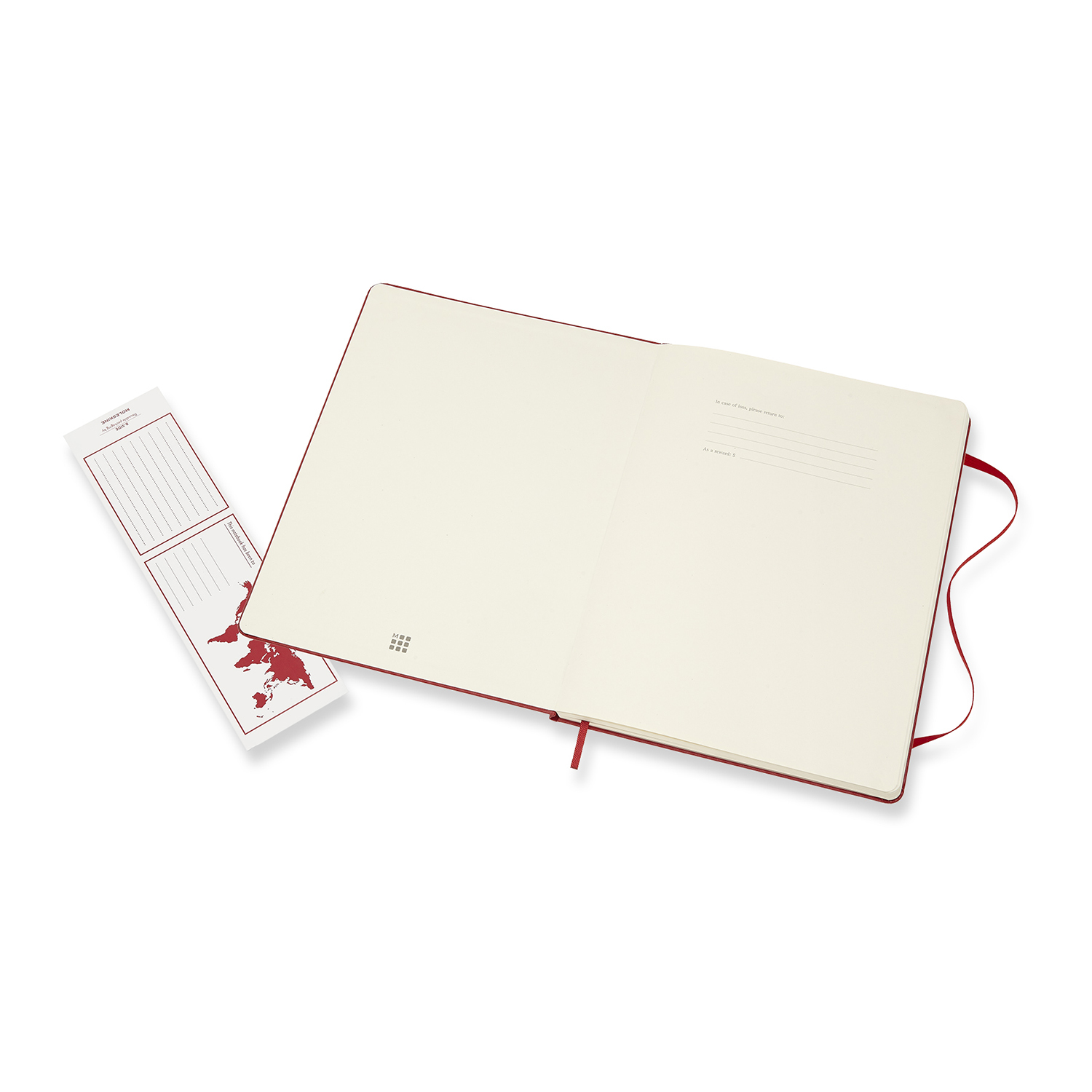 Otwarty czerwony notatnik z czerwoną zakładką i kartą. Białe tło.