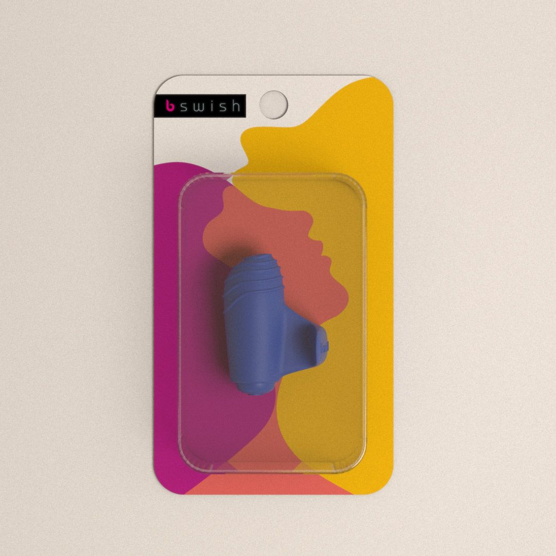 Niebieski wibrator w blistrze. Opakowanie jest żółte, różowe i fioletowe.