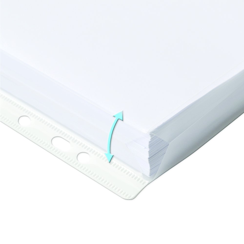 Stos białych kartek papieru w przezroczystej plastikowej teczce, z niebieską strzałką wskazującą otwarcie.