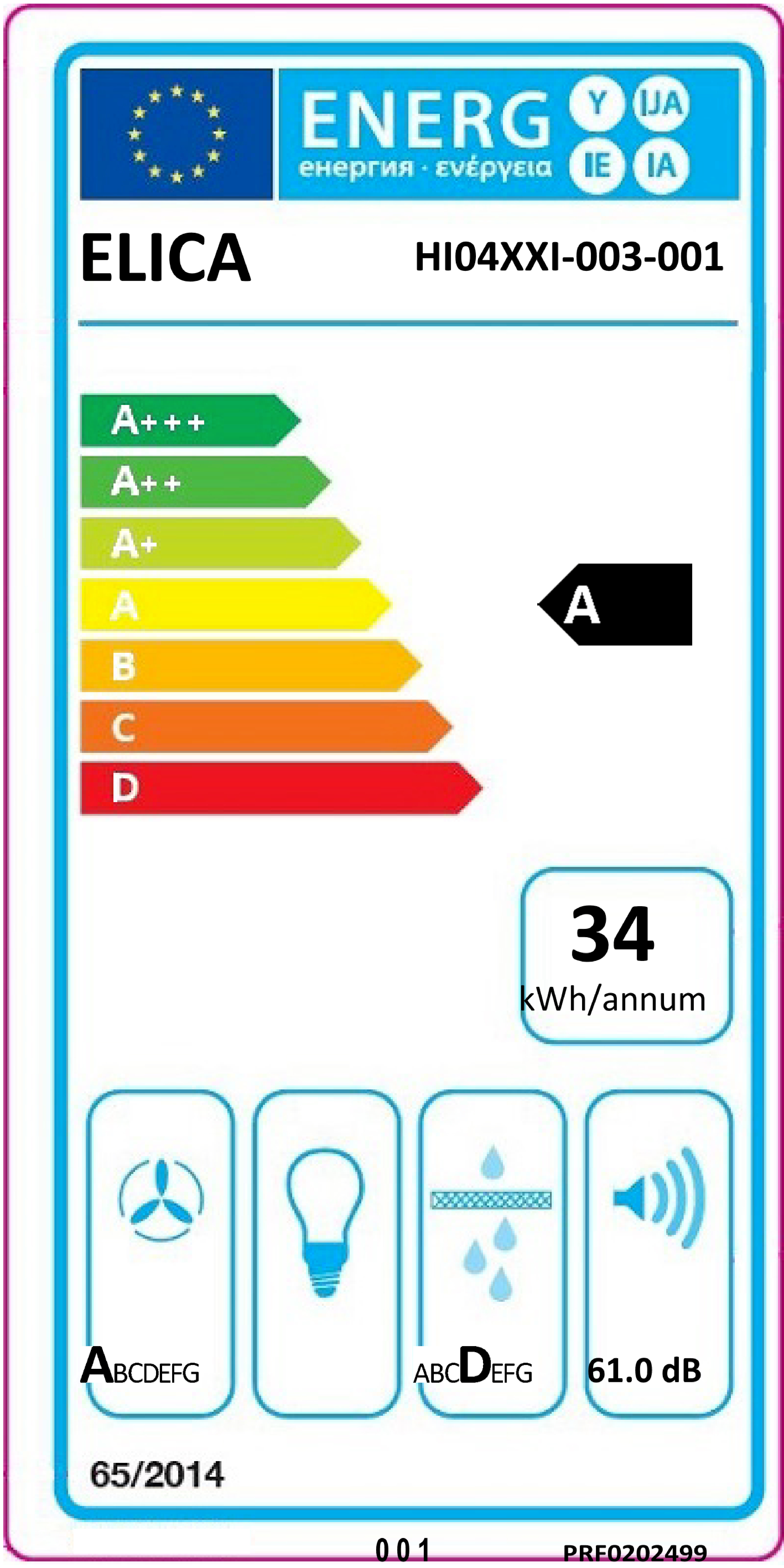 Un'etichetta energetica con una sfumatura di colori. Mostra la classe di efficienza energetica e ha icone in basso.