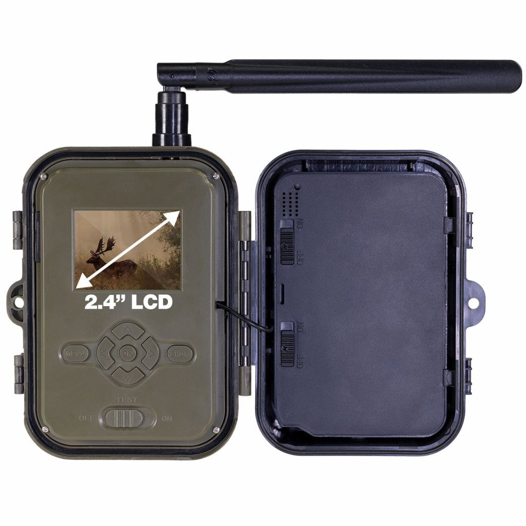 Wildkamera mit Bildschirm, der ein Reh zeigt, und 2,4-Zoll-LCD-Display.