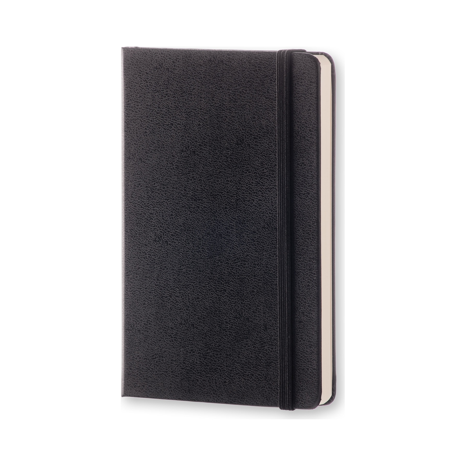 Ein schwarzes Notizbuch mit strukturierter Oberfläche und Gummiband.