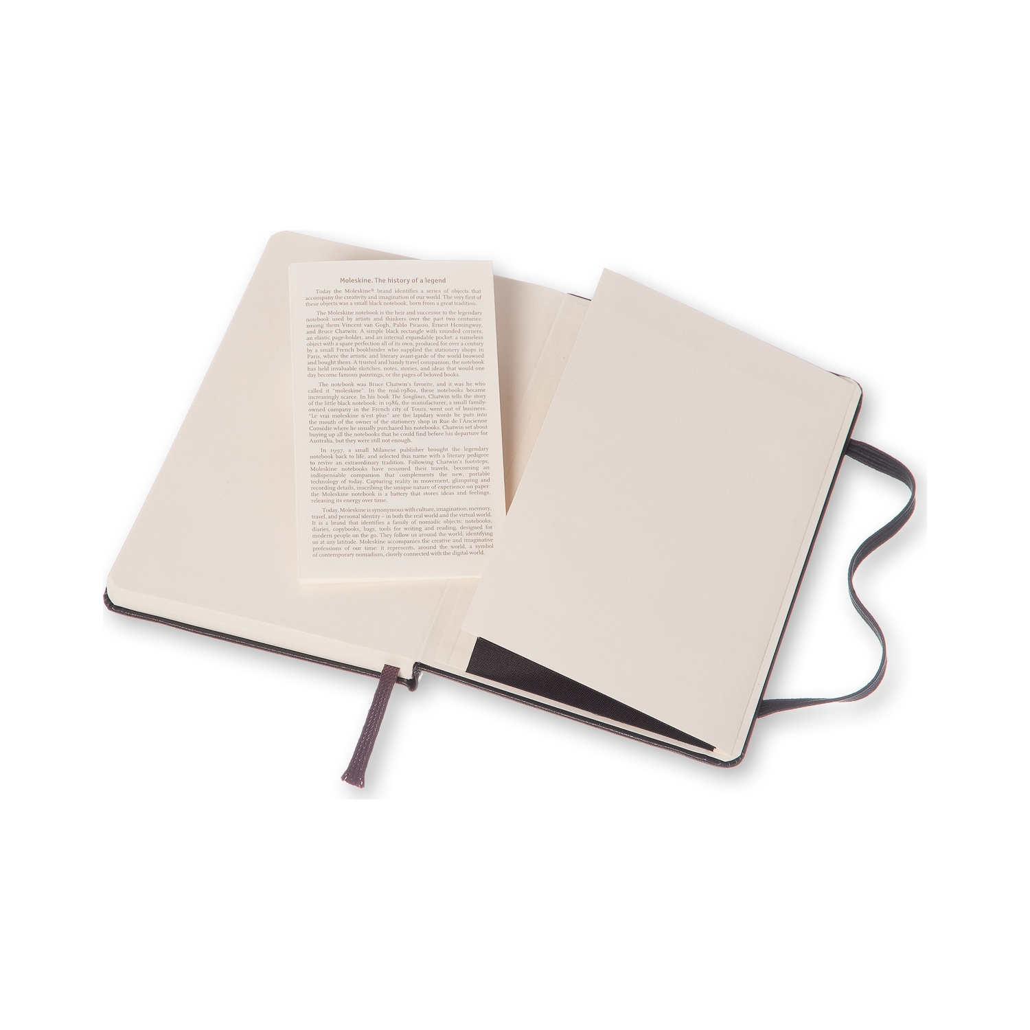Offenes Notizbuch mit Text und einem Lesezeichen. Das Notizbuch ist geöffnet, Seiten werden angezeigt. Weißer Hintergrund.
