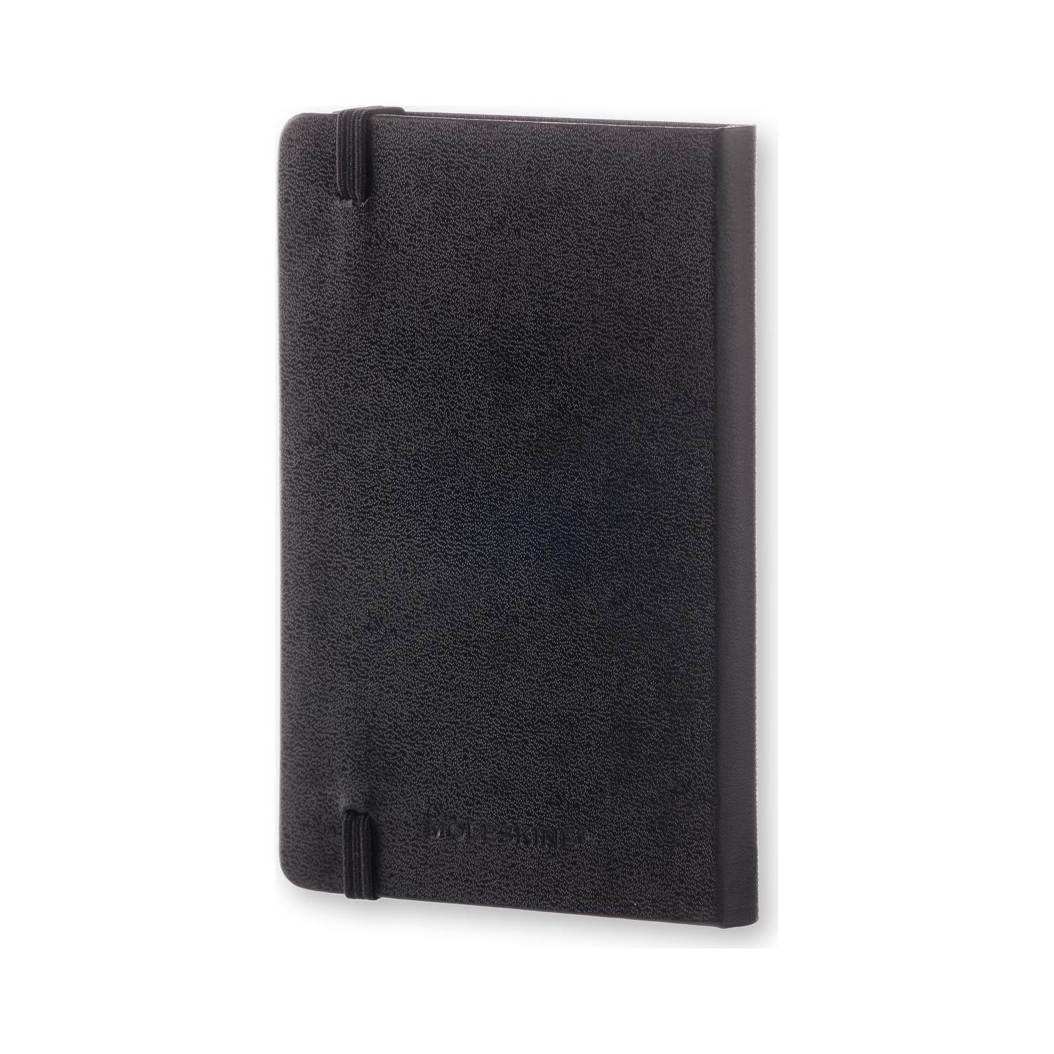Schwarzes Notizbuch mit Gummiband. Das Notizbuch ist geschlossen.