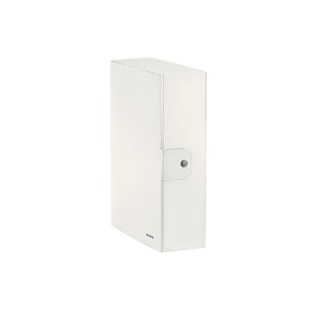 Białe, przezroczyste pudełko na dokumenty Leitz. Prostokątne pudełko z zamkiem.