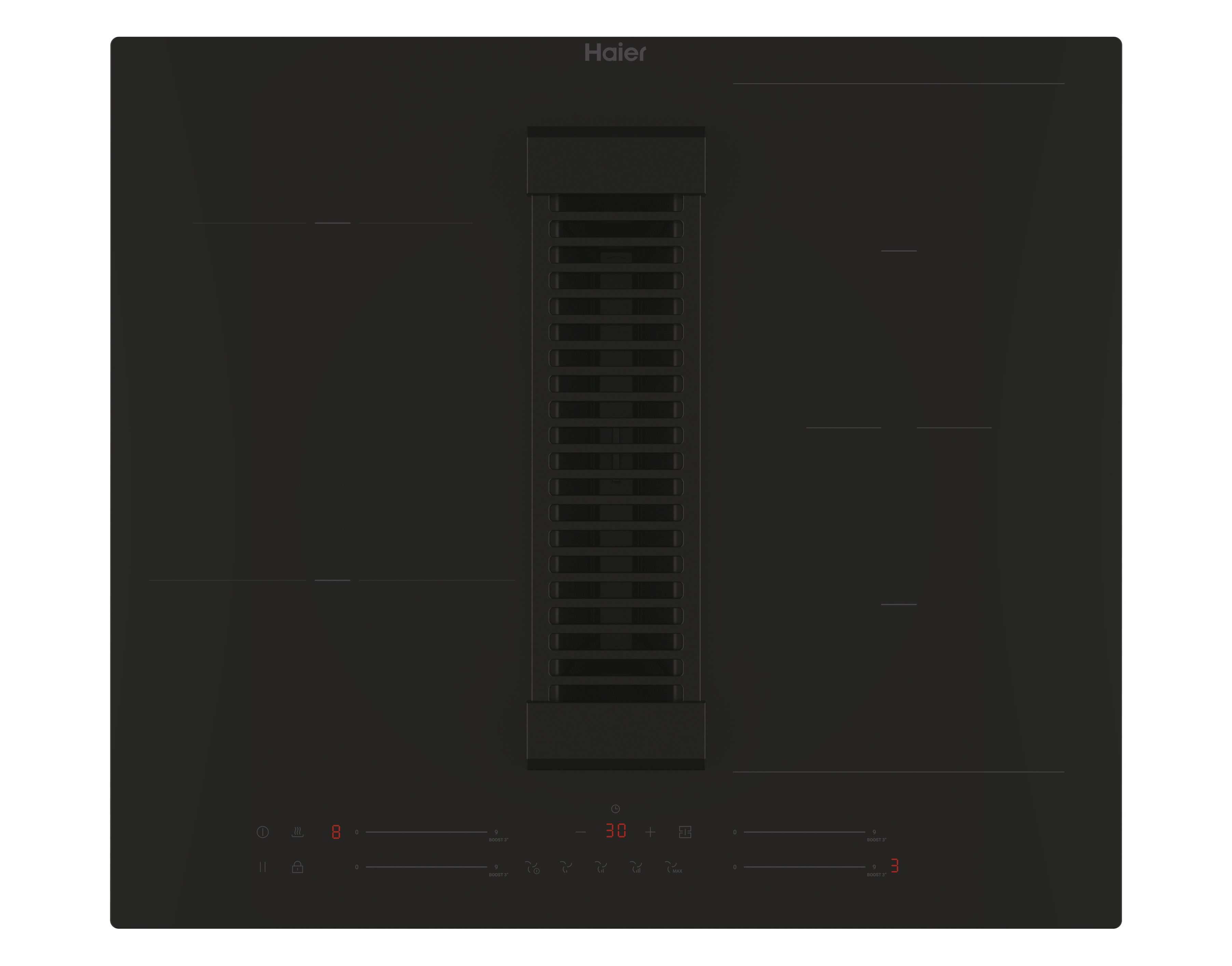 Piano cottura nero con display digitale ed estrattore integrato, vista dall'alto, logo Haier.