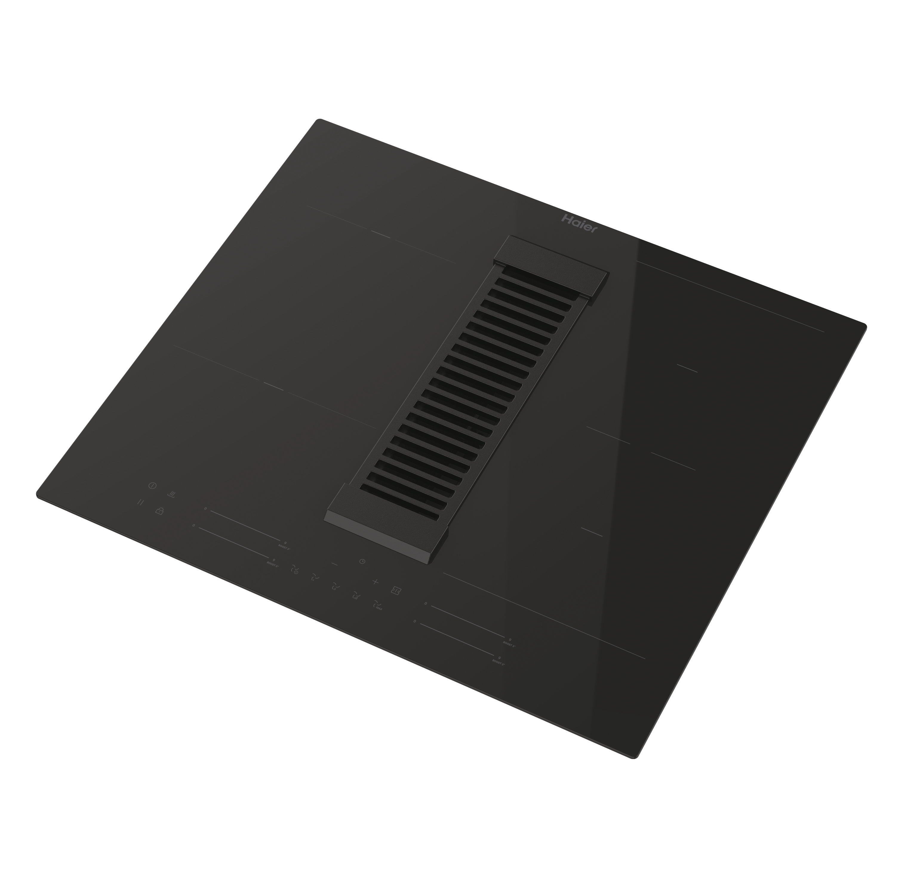 Piano cottura nero con cappa integrata, design moderno, sfondo bianco, vista dall'alto.