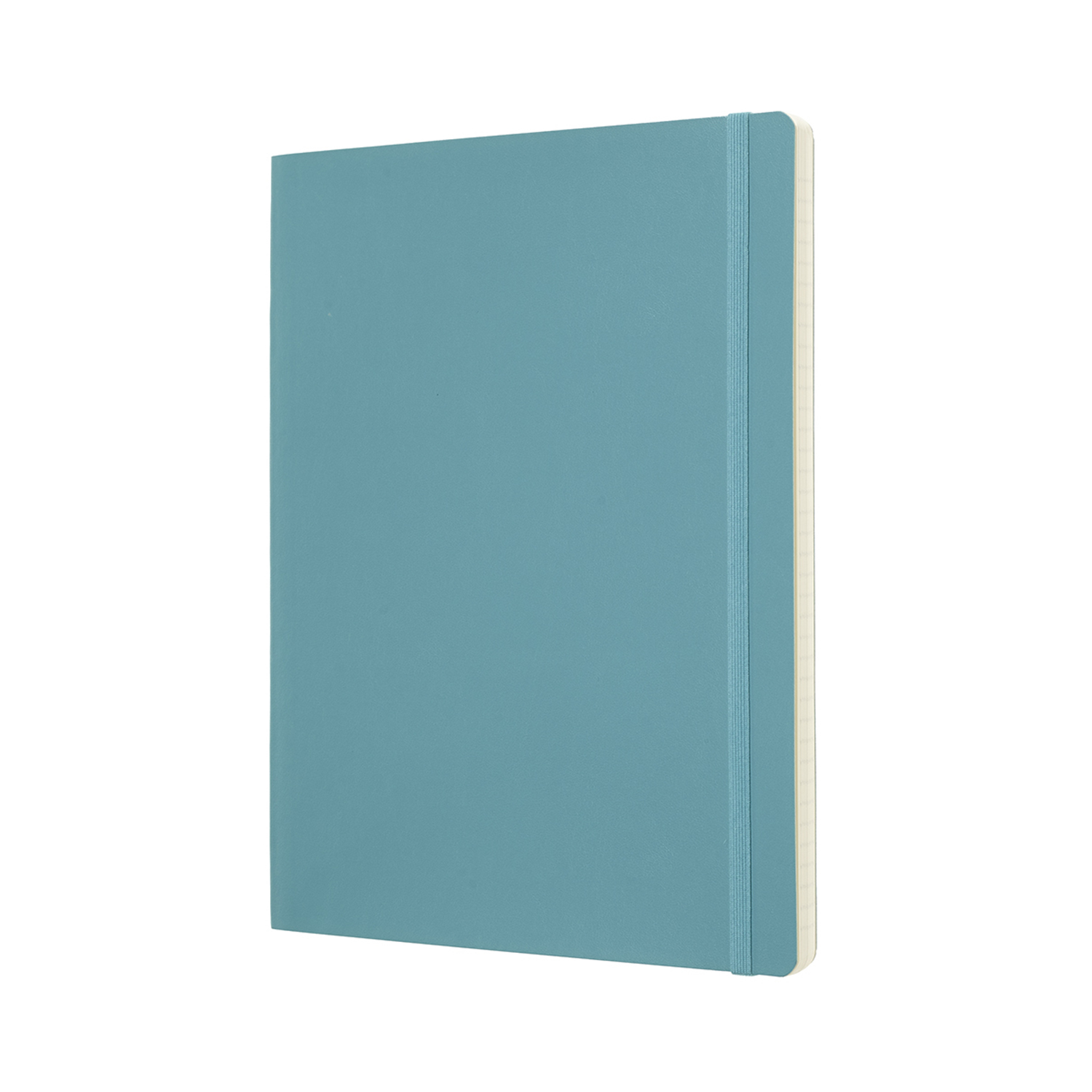 Blaues Notizbuch mit hellblauem Einband, aufrecht stehend, isoliert auf weißem Hintergrund.