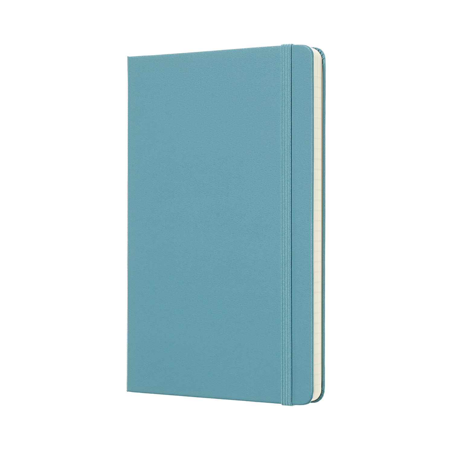 Blaues Notizbuch, aufrecht stehend, isoliert auf weißem Hintergrund, Seitenansicht.