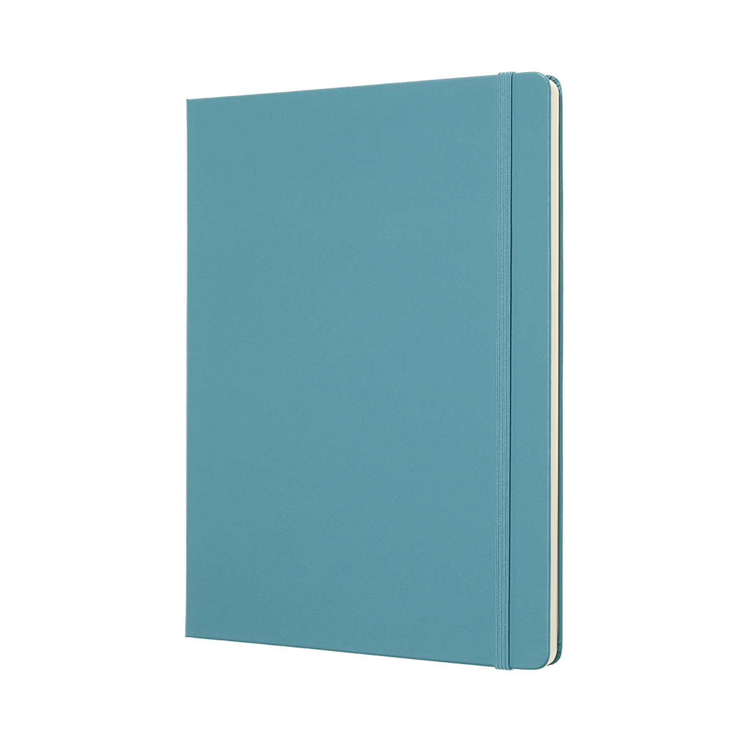 Ein türkisfarbenes Moleskine-Notizbuch, geschlossen, mit schwarzem Gummiband.