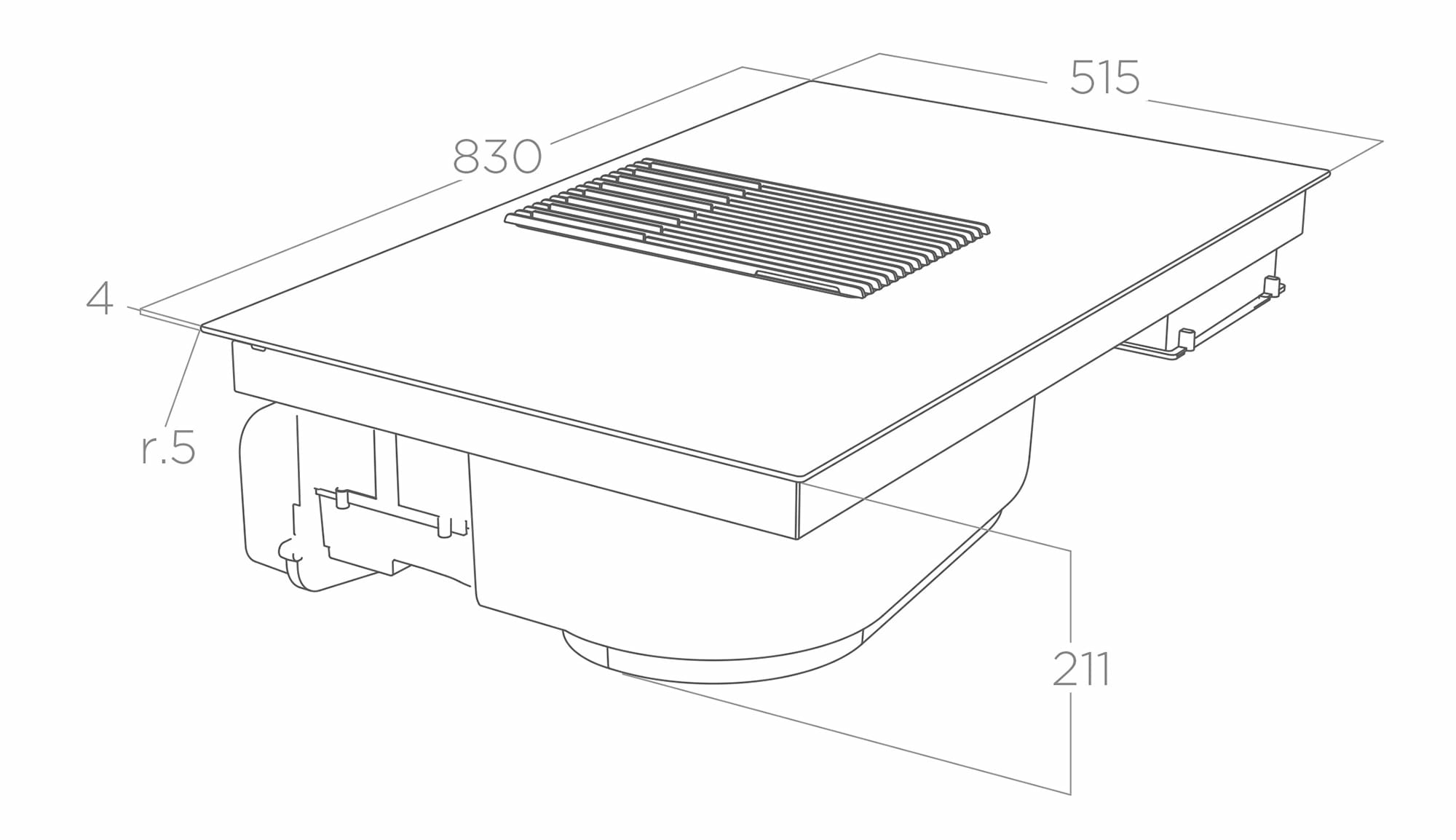 Disegno tecnico di un piano cottura con dimensioni. Sfondo bianco.
