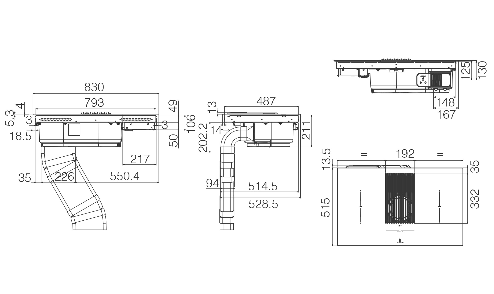 Disegno tecnico di parti del sistema di ventilazione con dimensioni. Sfondo bianco.