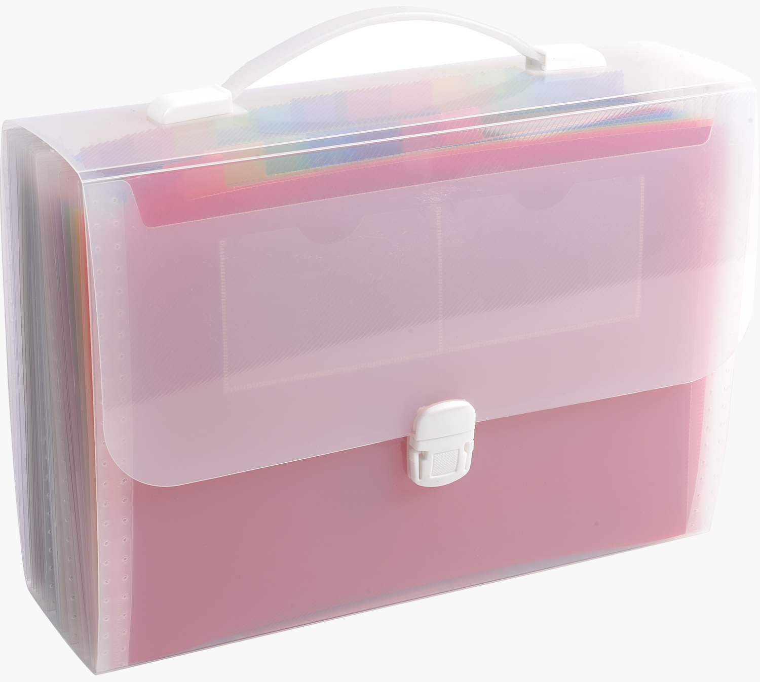 Różowy segregator z uchwytem i zapięciem. Białe tło.