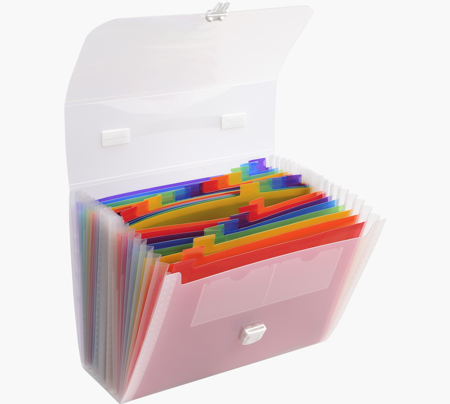 Rozkładana teczka z kolorowymi przegrodami. Białe tło.