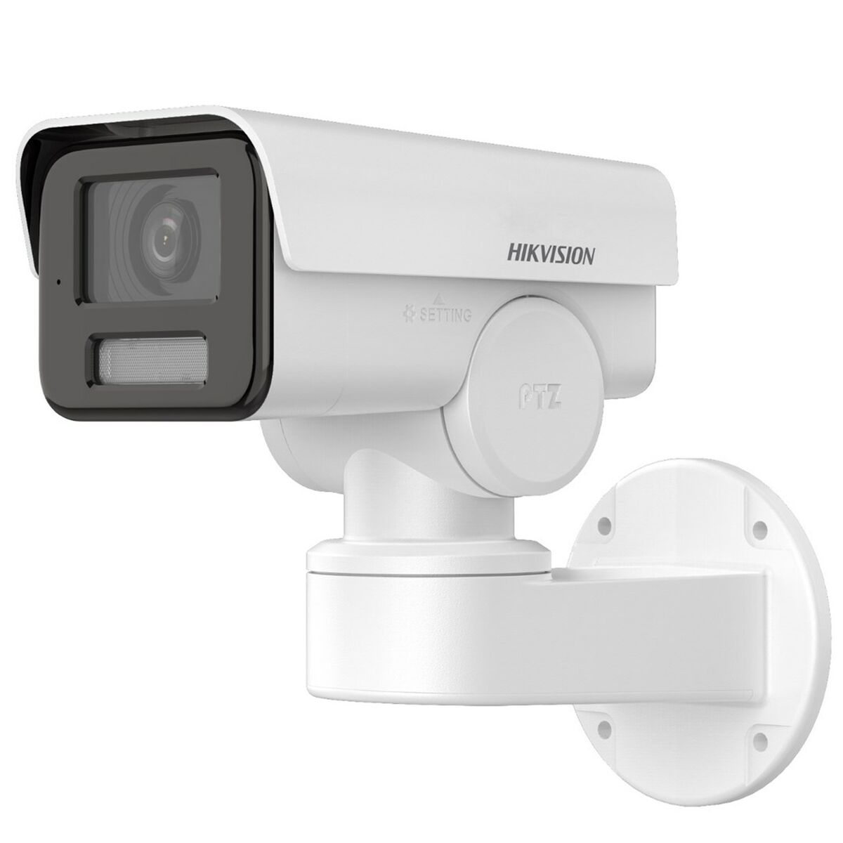Telecamera di sicurezza bianca con obiettivo nero. Il marchio 'HIKVISION' è visibile.