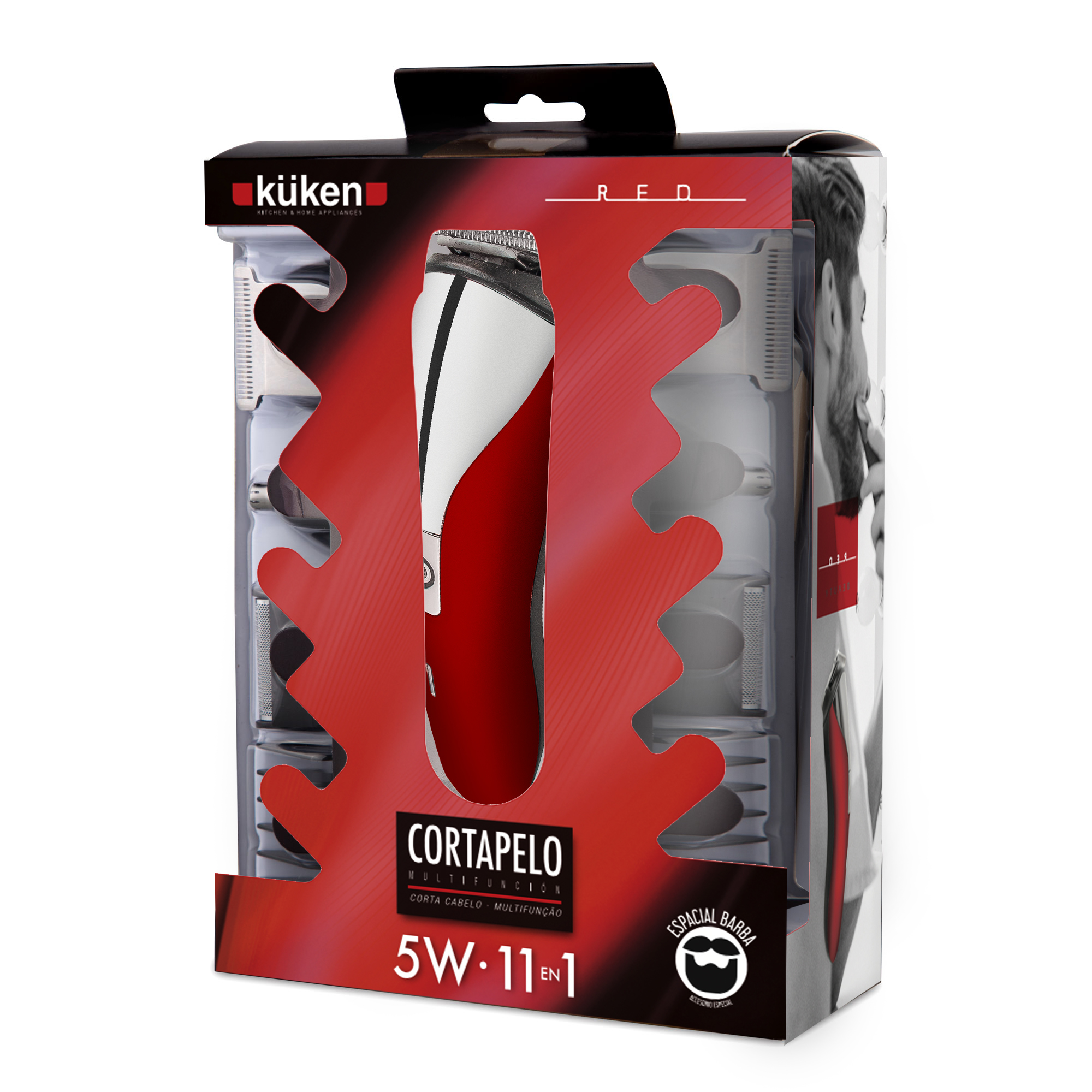 Czerwono-biała golarka elektryczna w pudełku z akcesoriami. Pudełko prezentuje produkt.