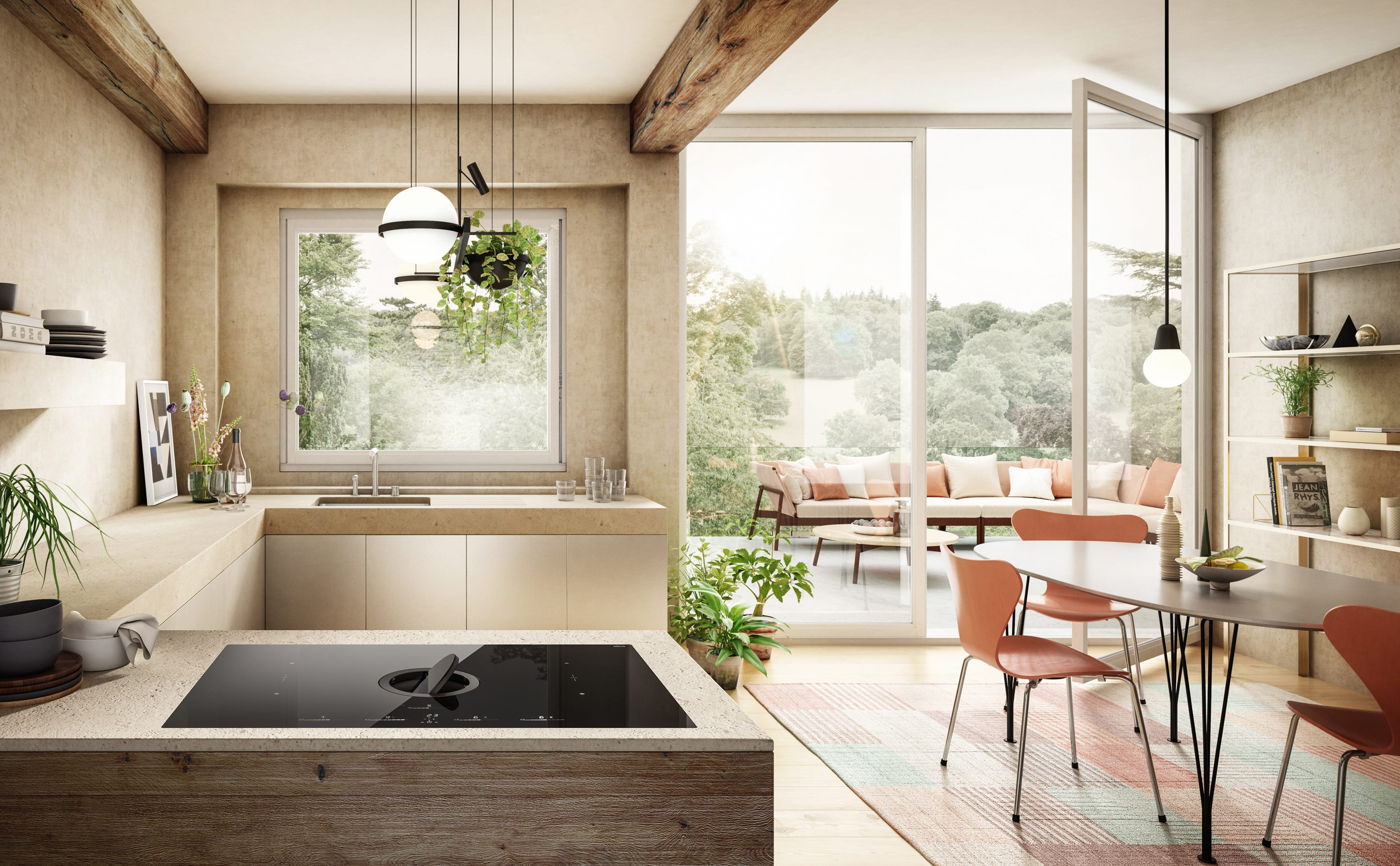 Cucina moderna con vista. Dotata di piano cottura, zona pranzo e patio esterno con piante.