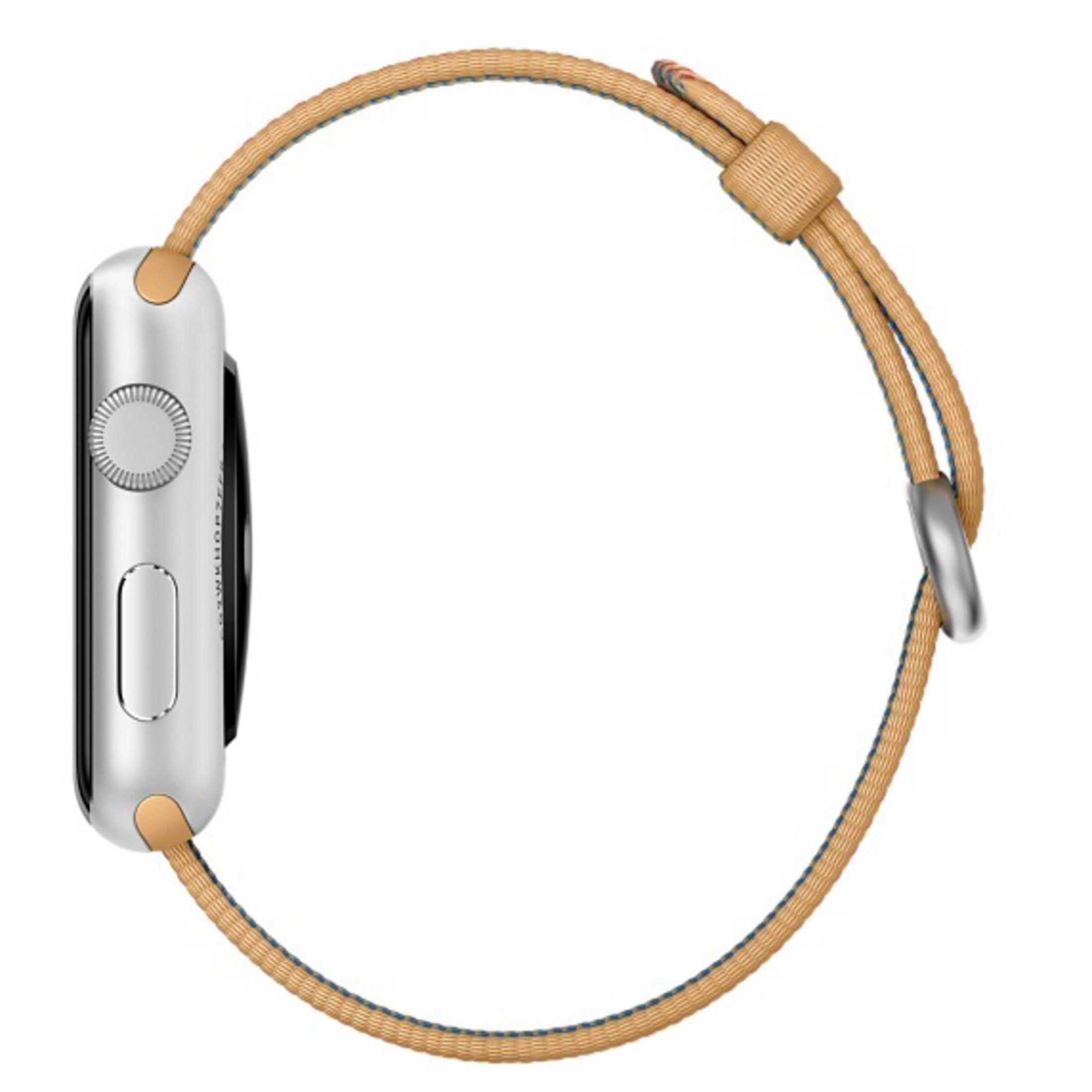 Srebrny smartwatch z beżowo-niebieskim paskiem. Białe tło.