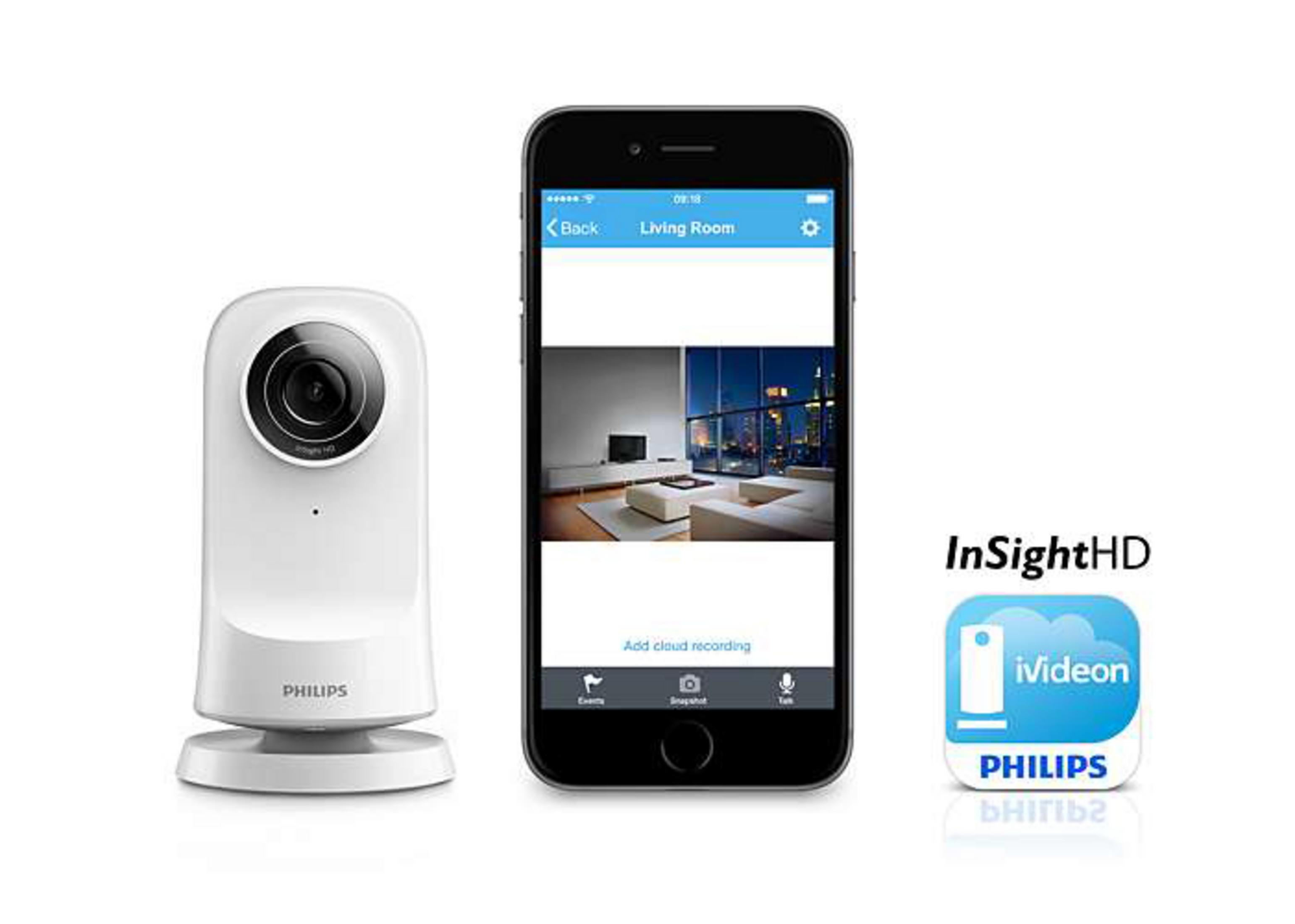 White security camera and phone with app screen. White background.