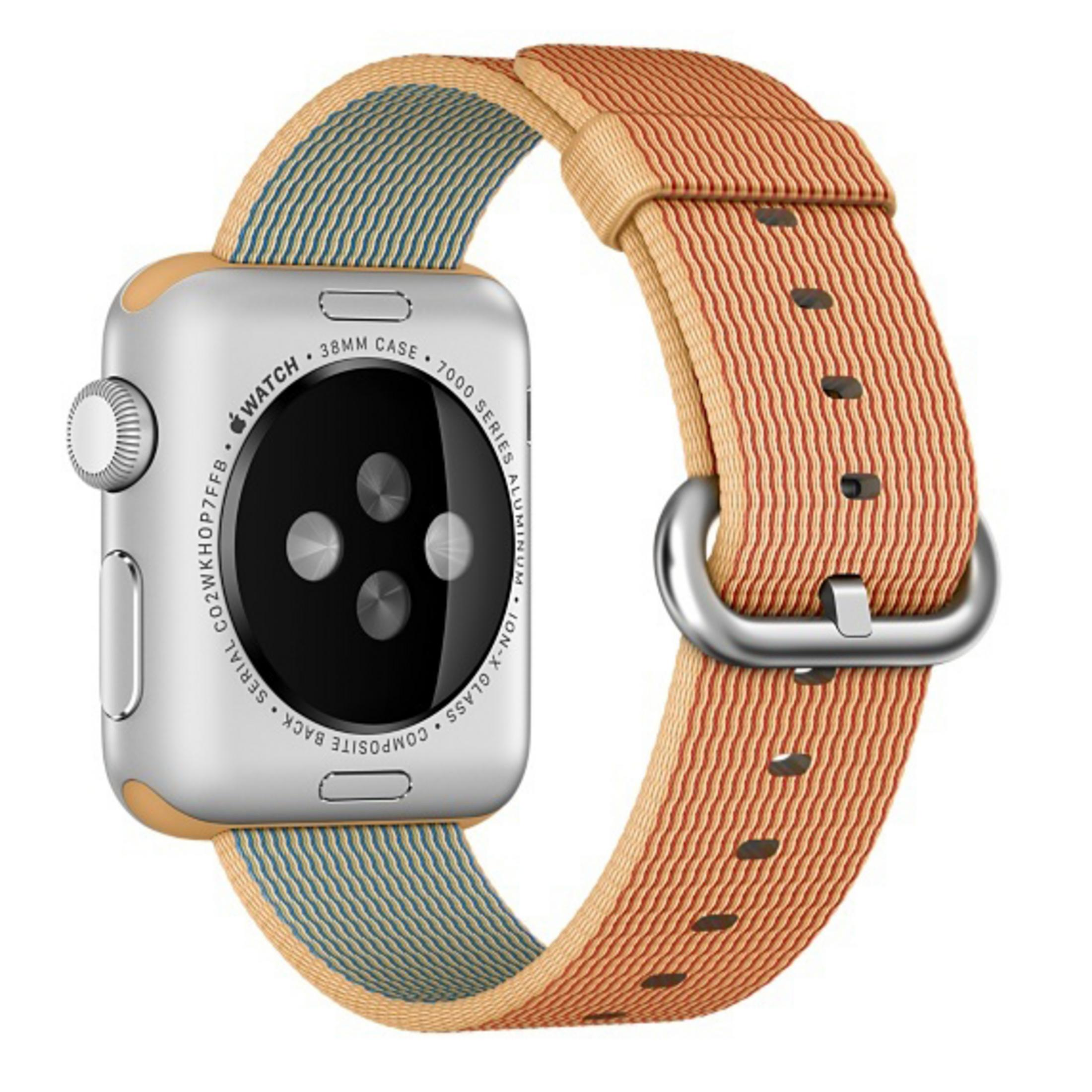 Apple Watch z pomarańczowym i niebieskim paskiem.