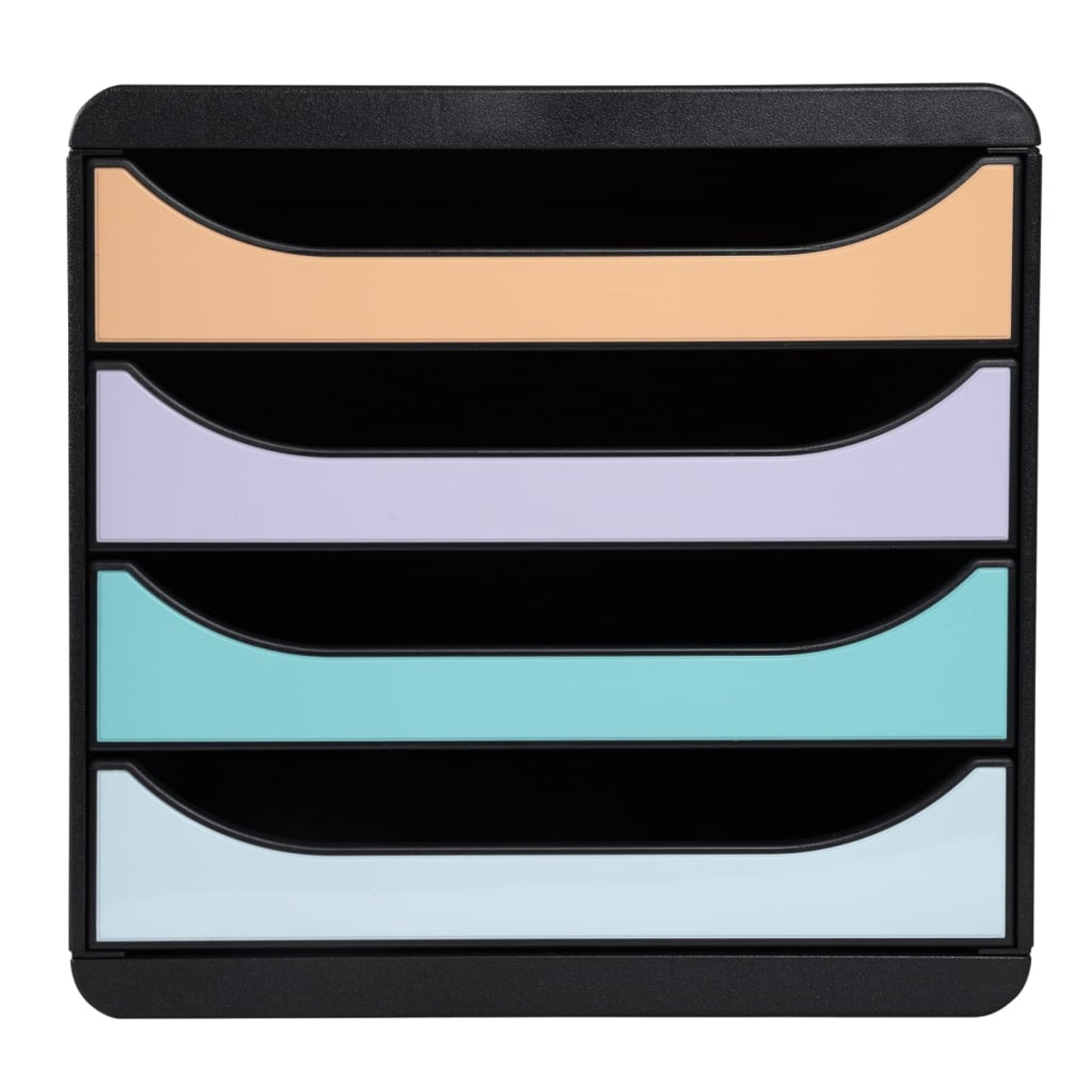 Czarny organizer biurowy z czterema kolorowymi tacami: brzoskwiniową, lawendową, turkusową i jasnoniebieską.