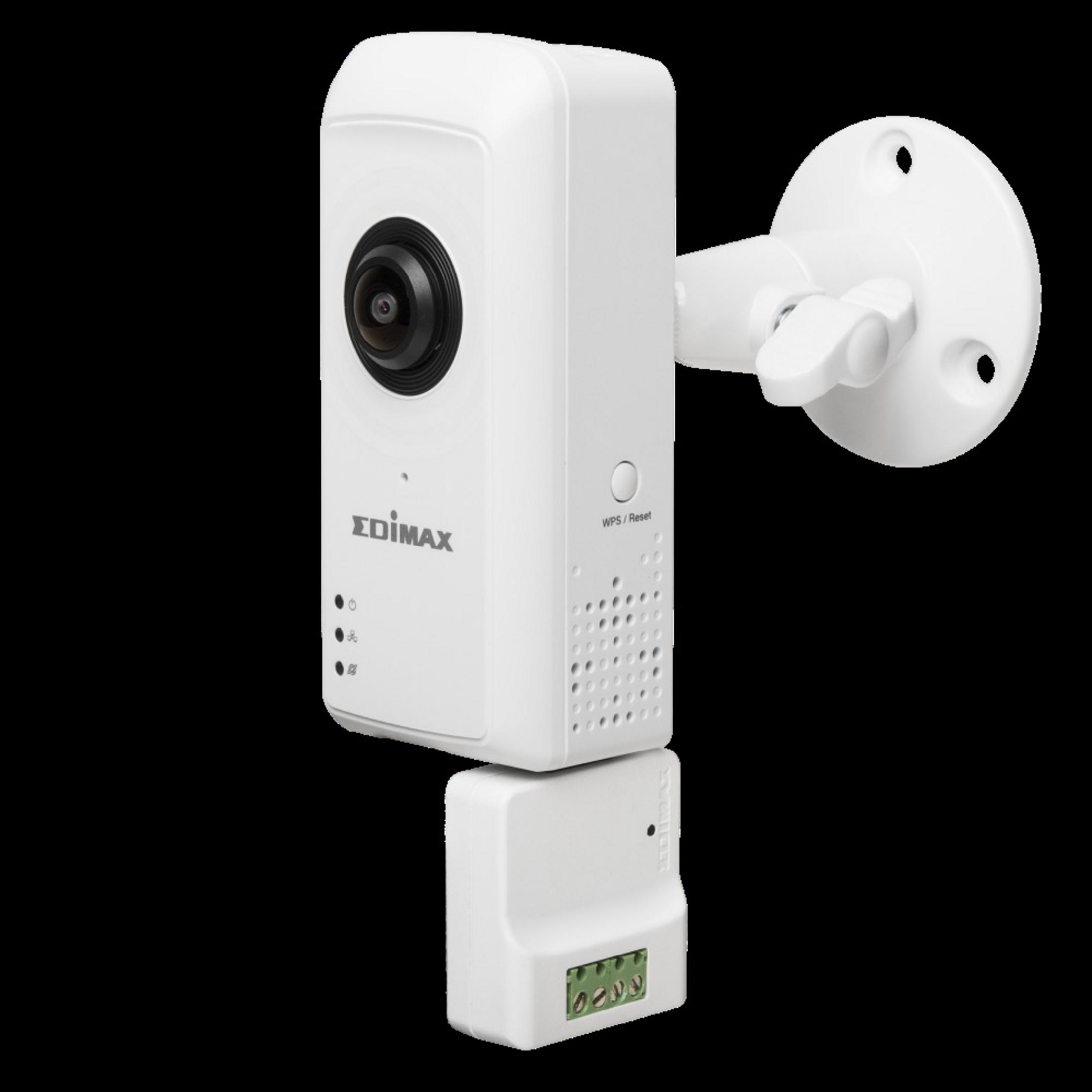 Telecamera di sicurezza Edimax bianca, montata a parete. Obiettivo nero, pulsante WPS/Reset e logo visibili.