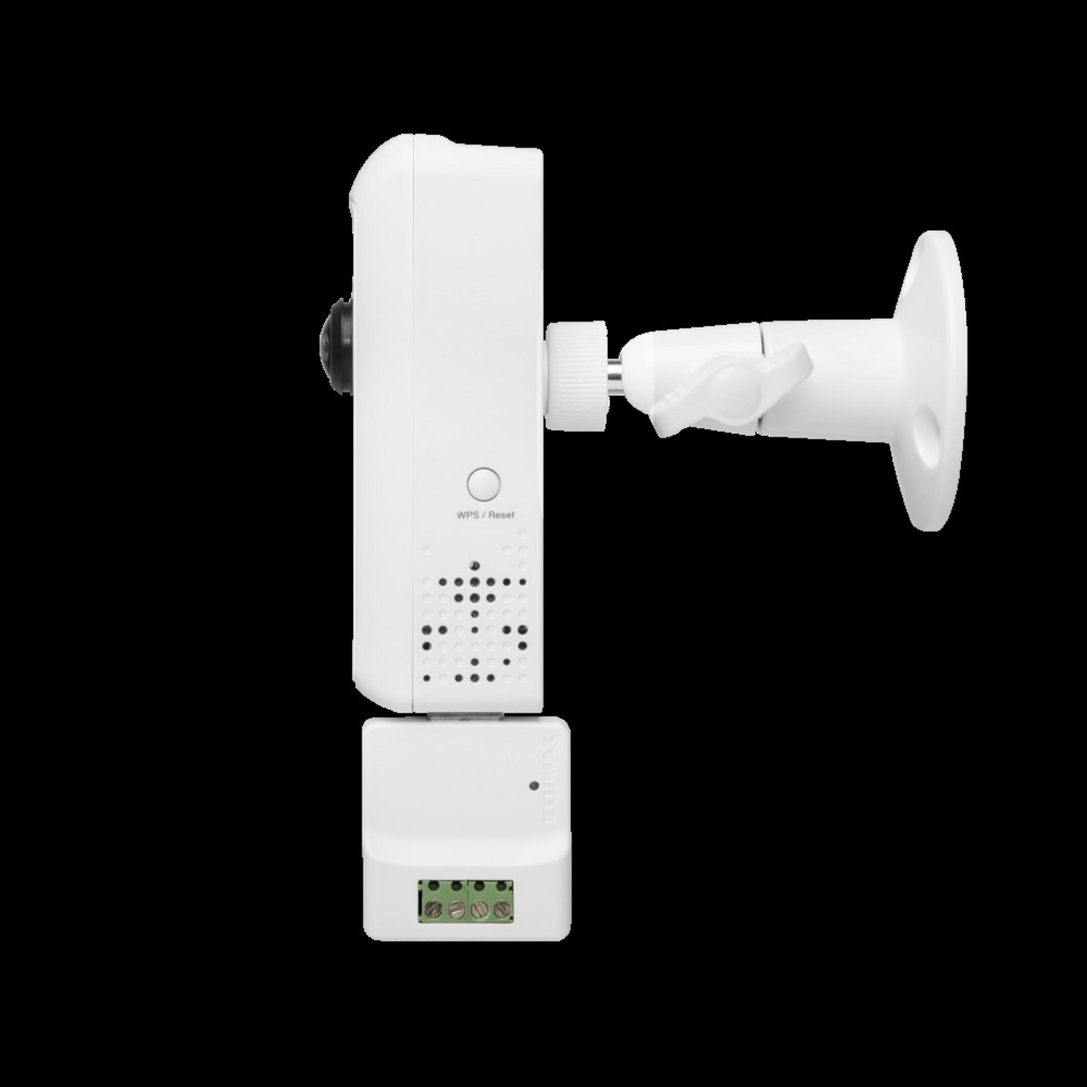 Fotocamera e supporto bianchi, sfondo nero. Vista laterale. Attrezzatura tecnica.