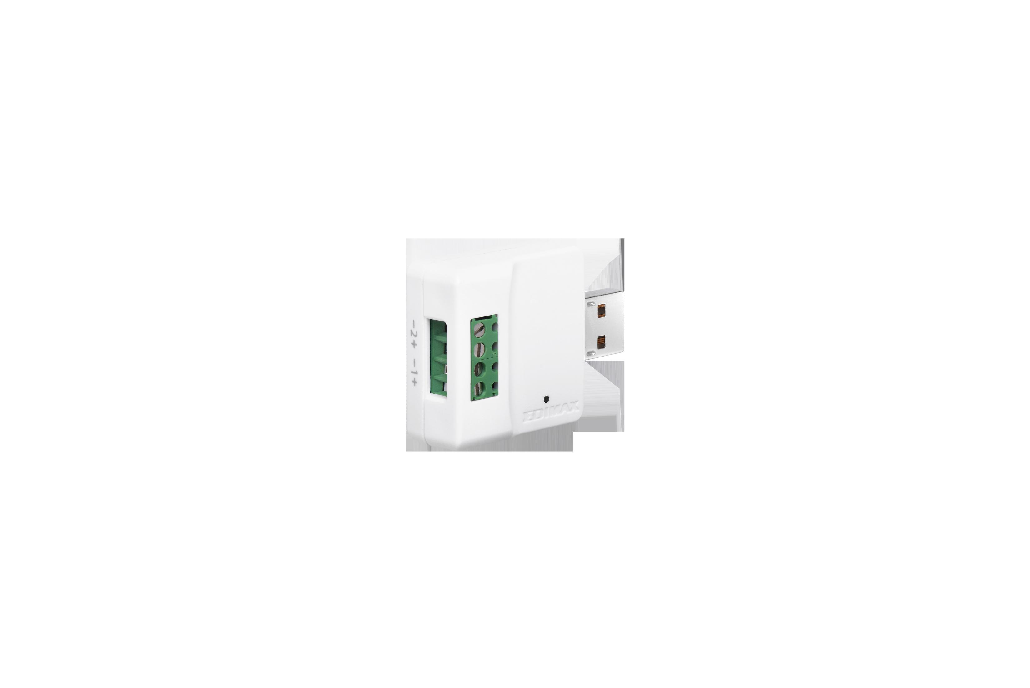 Dispositivo Edimax bianco con terminali verdi. Testo e altri connettori visibili.