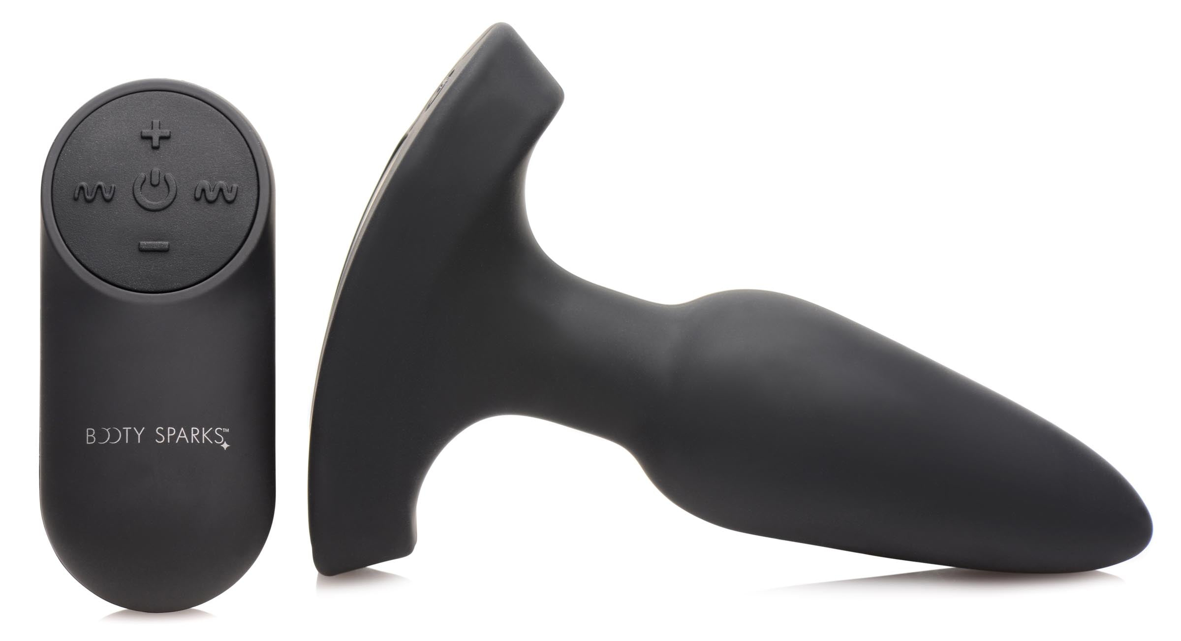 Czarny korek analny i pilot na białym tle.