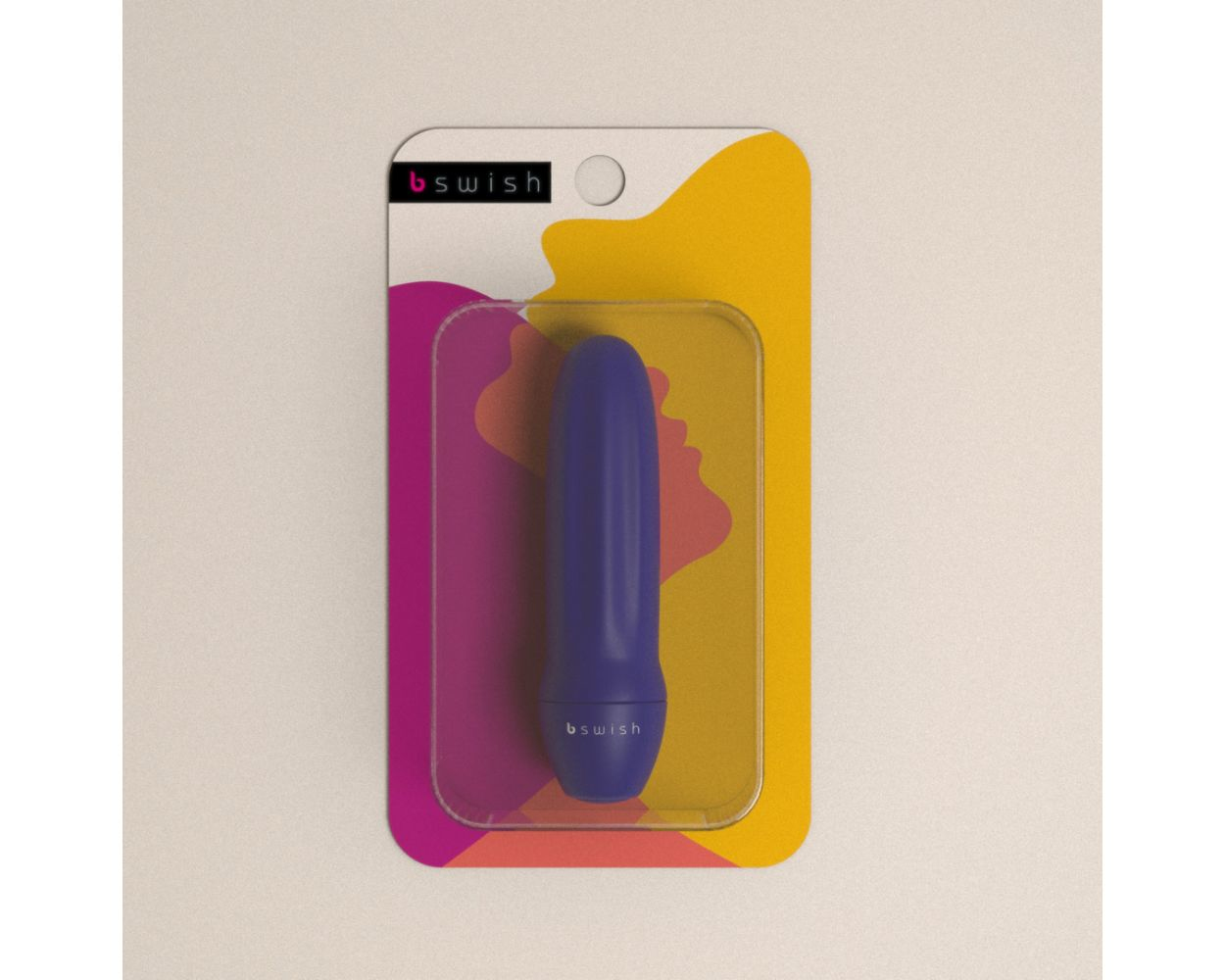 Un vibrador azul en un blíster con fondo amarillo y rosa, con la marca visible.