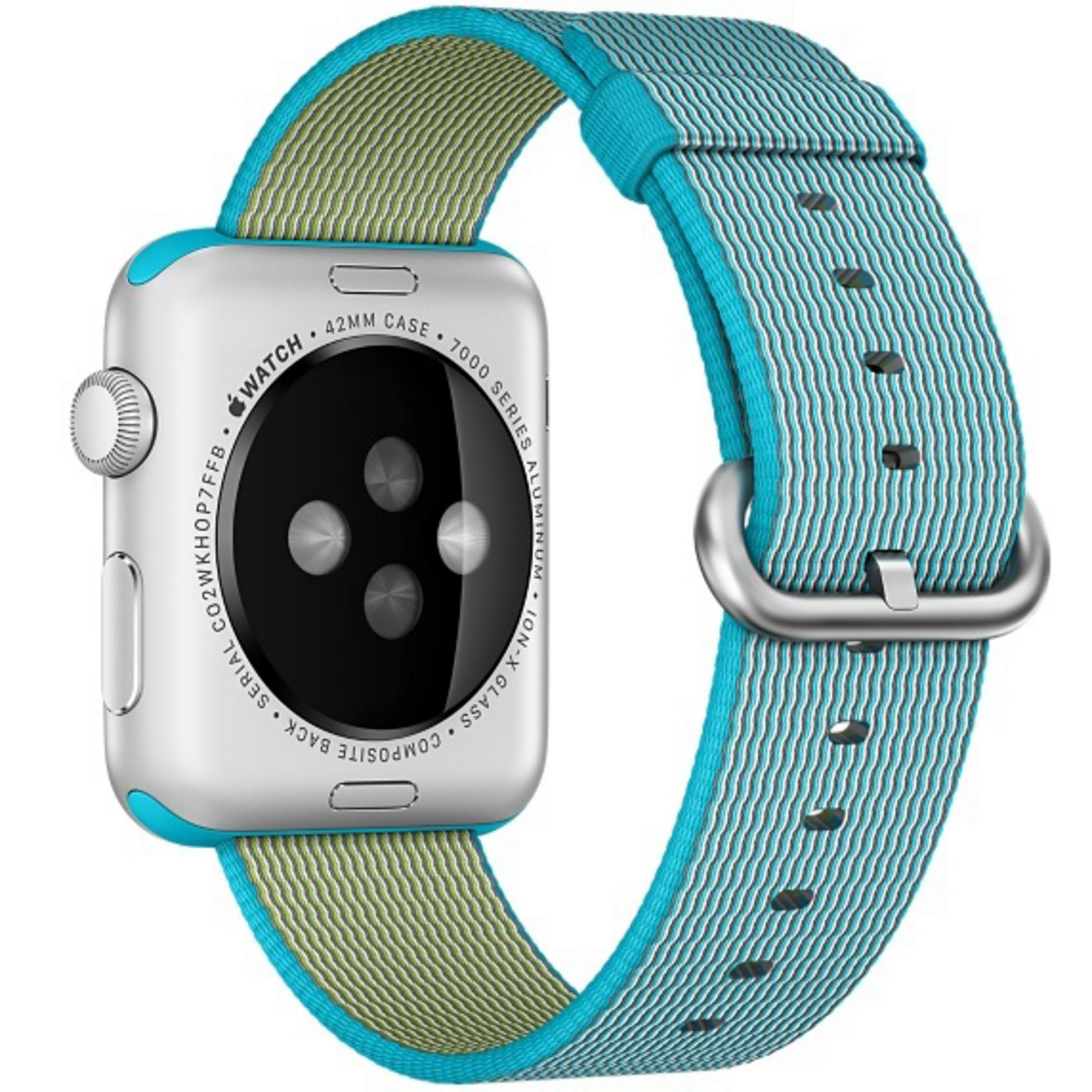 Apple Watch z niebiesko-zielonym paskiem. Tarcza srebrna, pasek niebiesko-zielony.