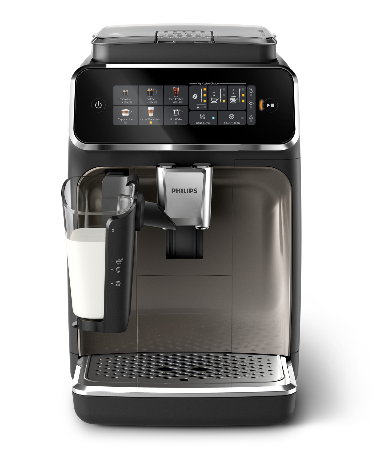 Schwarze Philips Kaffeemaschine mit Milchbehälter und Touchscreen.