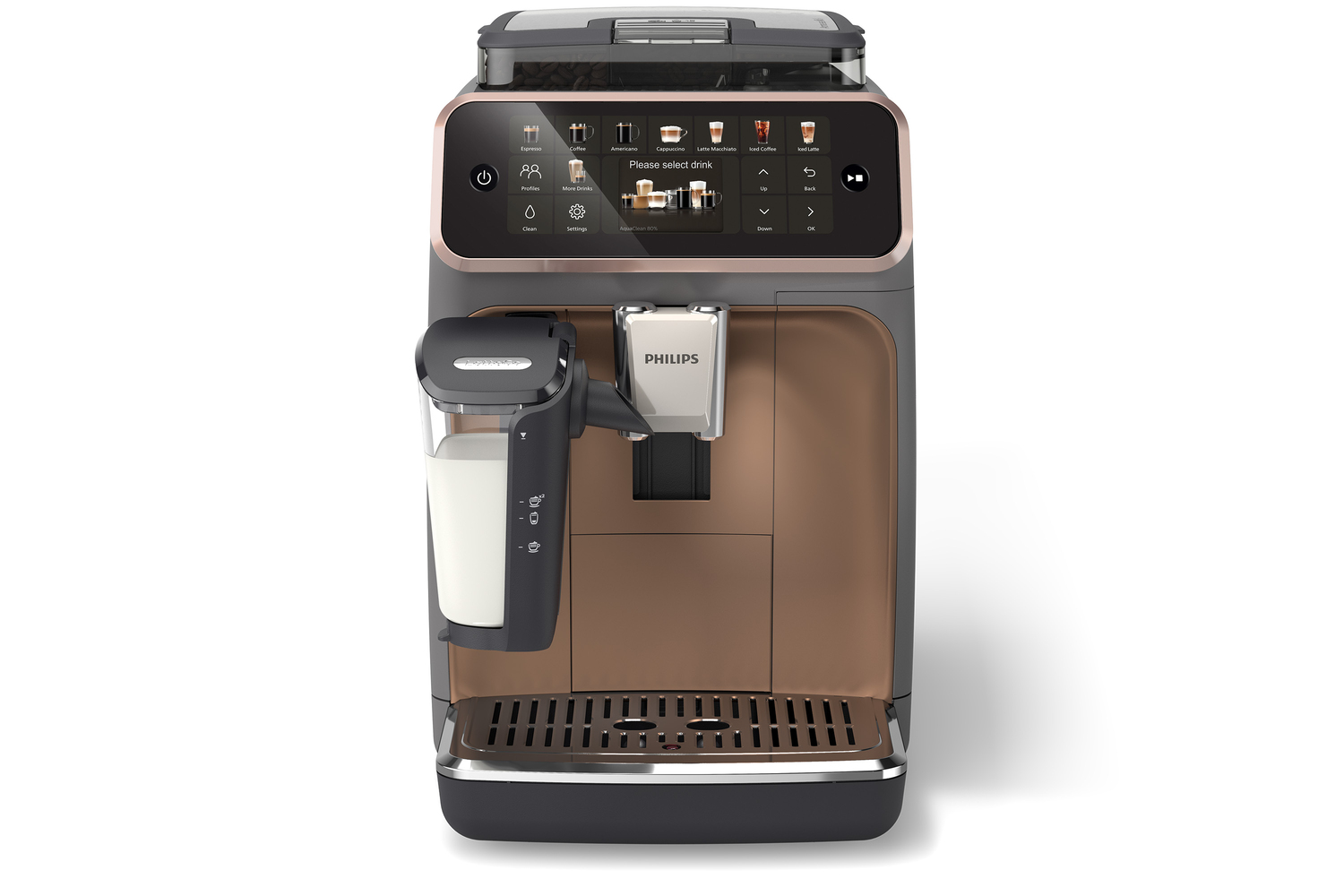 Philips Espressomaschine mit Milchbehälter links. Die Maschine bereitet Kaffee zu.